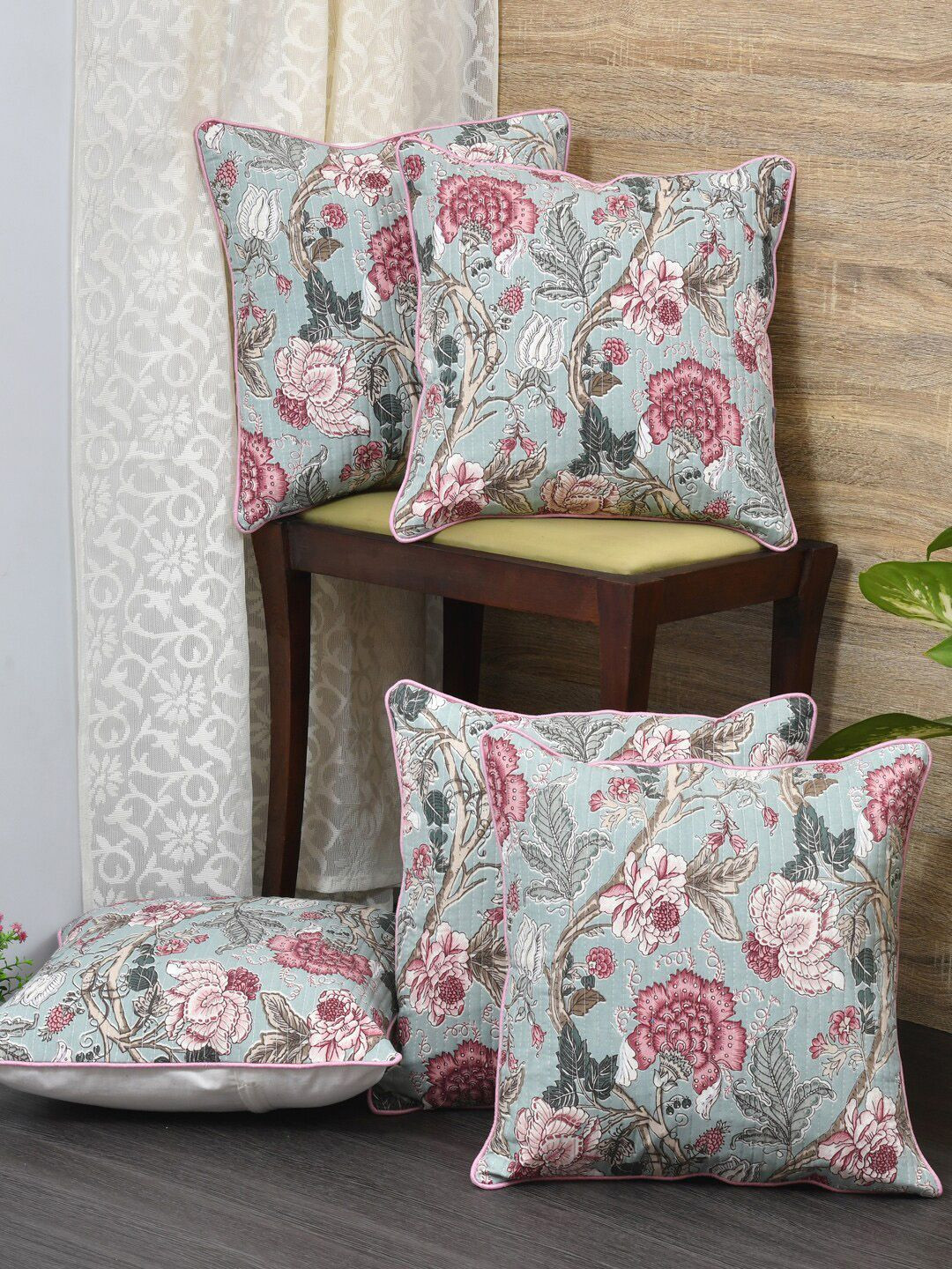 Clasiko Blue & Pink Set of 5 Floral Cotton Square Cushion Covers