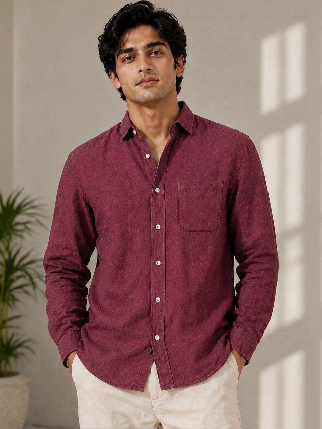 HERE&NOW Linen Blend Solid Semi Sheer Regular Fit Casual Maroon Shirt For Men