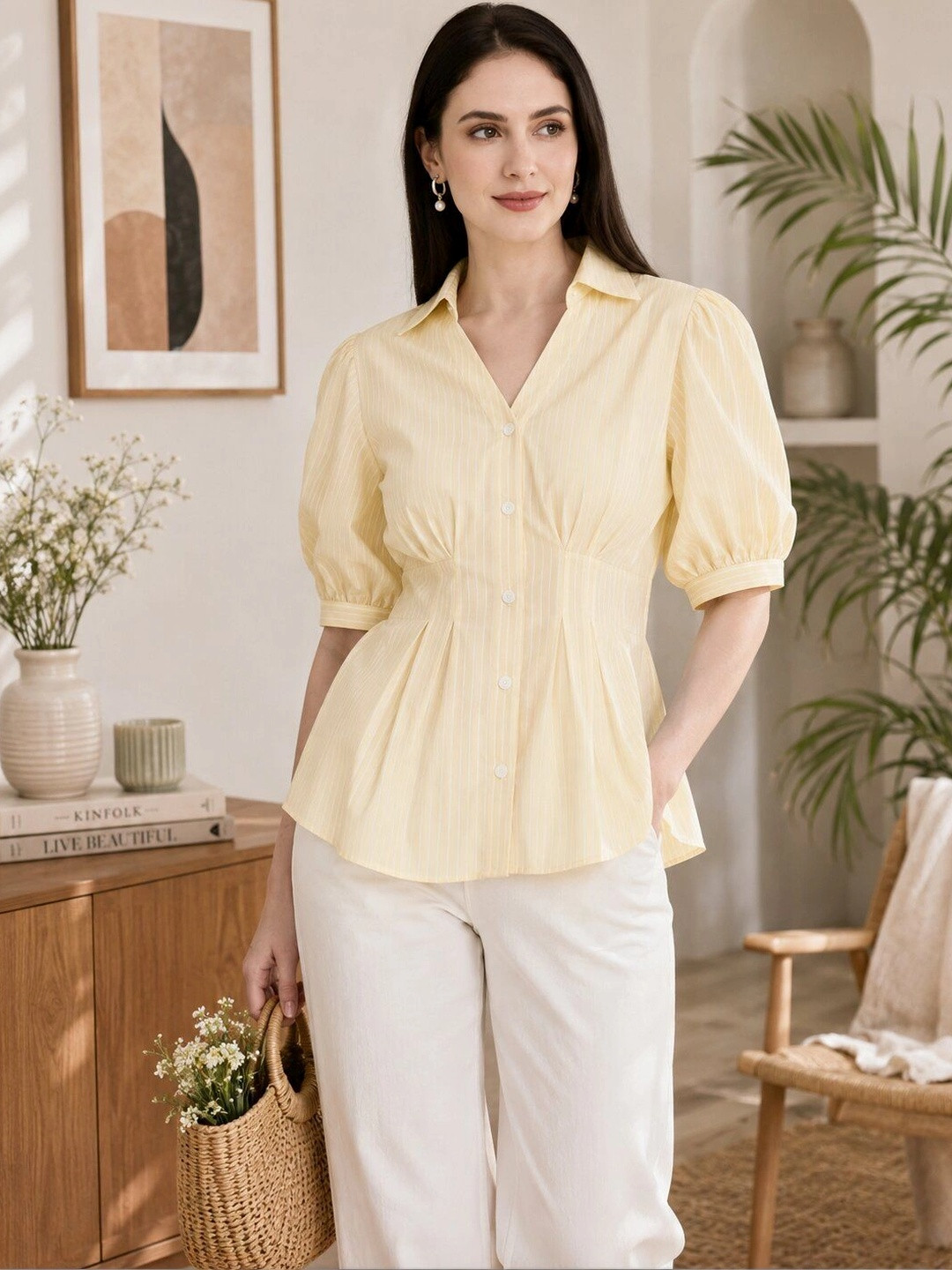 Jivitha Striped Puff Sleeve Cotton Top