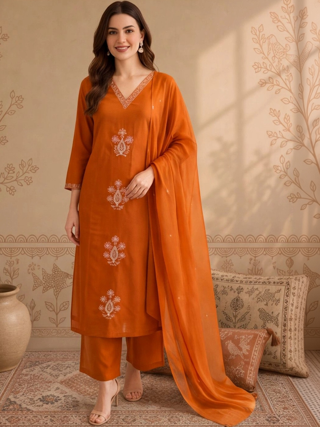 Anouk Women Ethnic Motifs Embroidered Regular Thread Work Pure Cotton Kurta with Palazzos & With Dupatta