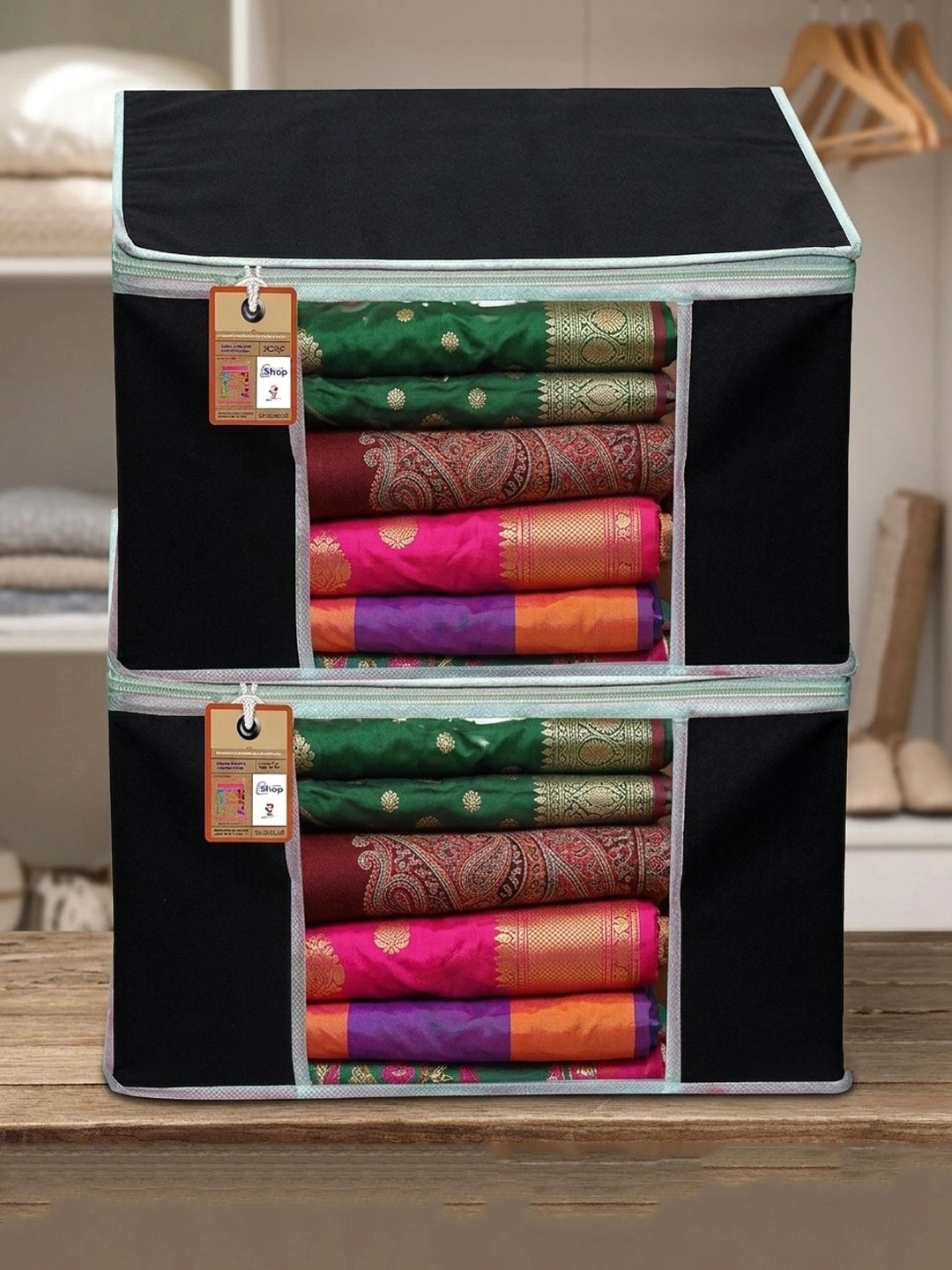 atorakushon Set Of 2 Black Solid Non-Woven Wardrobe Organisers