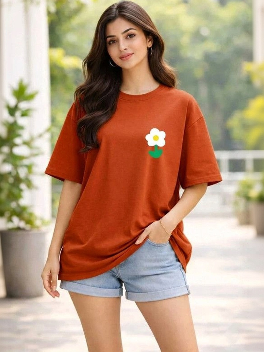 9TUNKI Women Floral Printed Pure Cotton T-shirt