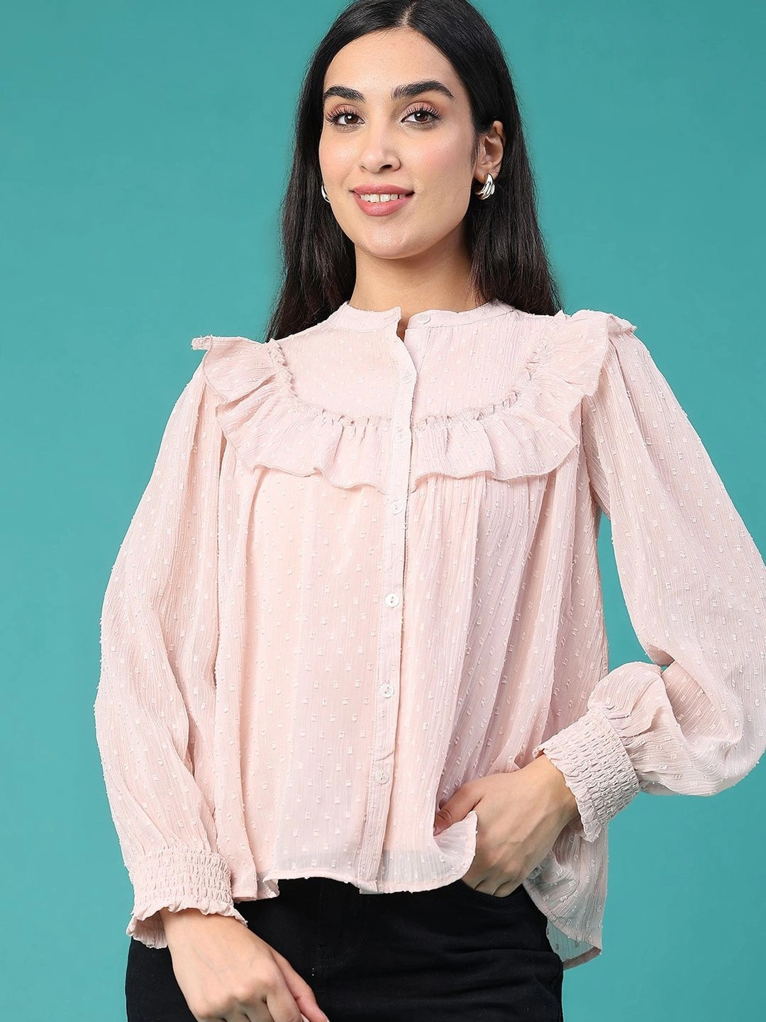 Peach High Neck Ruffles Top with Long Sleeves