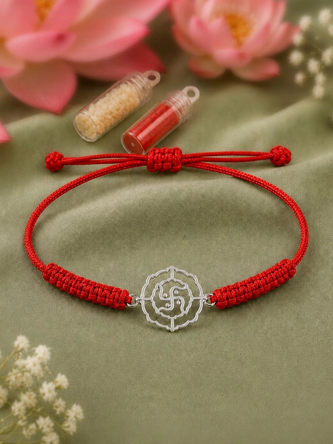 Unniyarcha 925 Pure Silver Swastik Rakhi with Roli Chawal Set