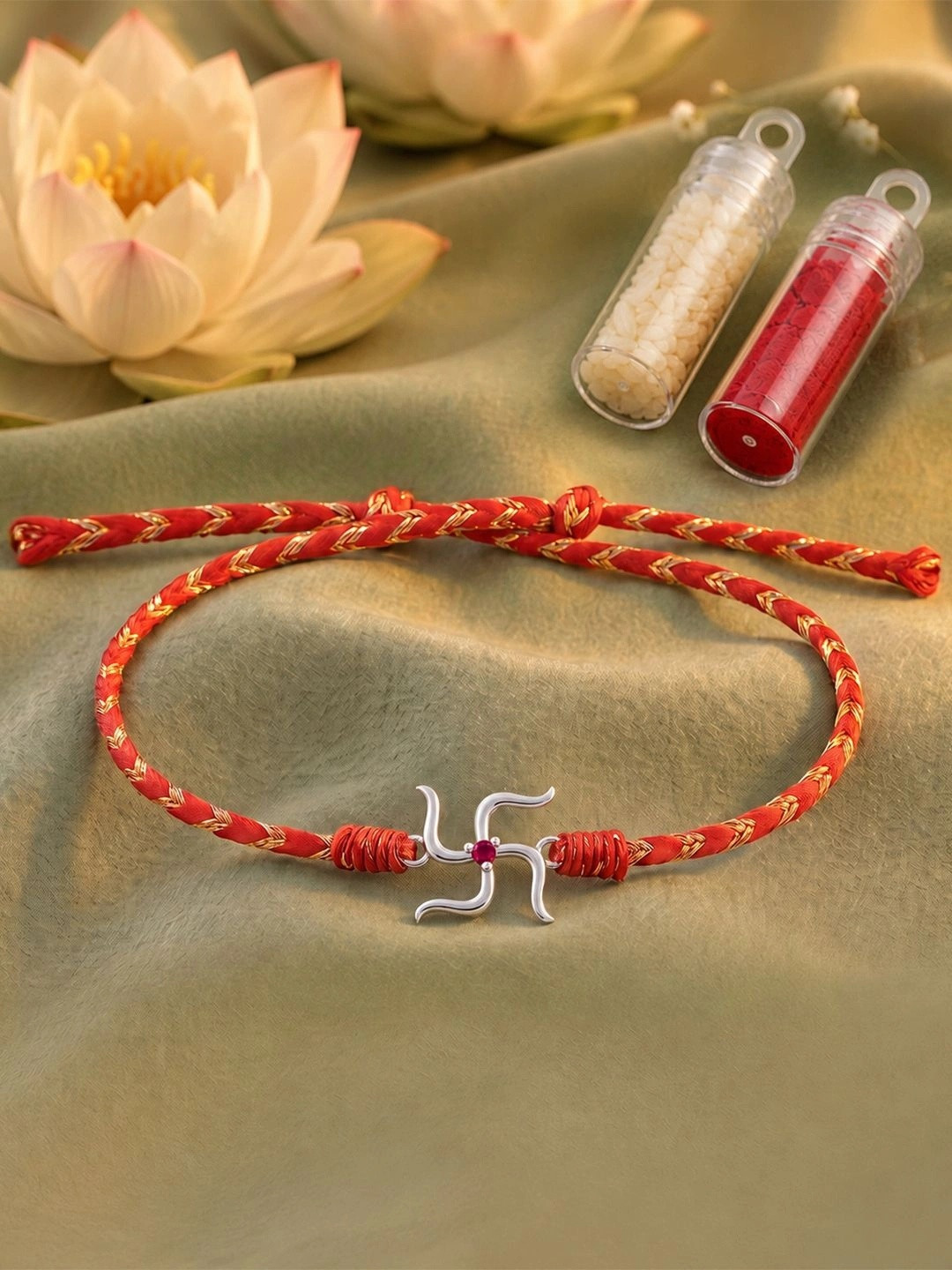 Unniyarcha 925 Pure Silver Swastik with Red Stone Rakhi with Roli Chawal Set