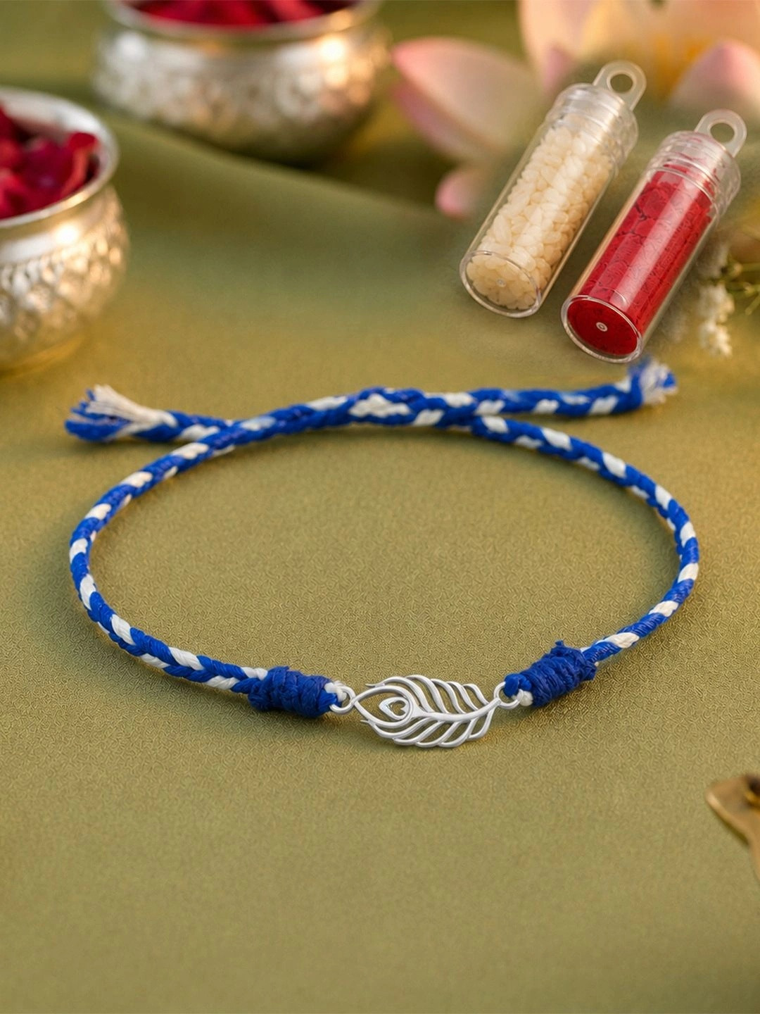Unniyarcha 925 Pure Silver Morpankh Rakhi with Roli Chawal
