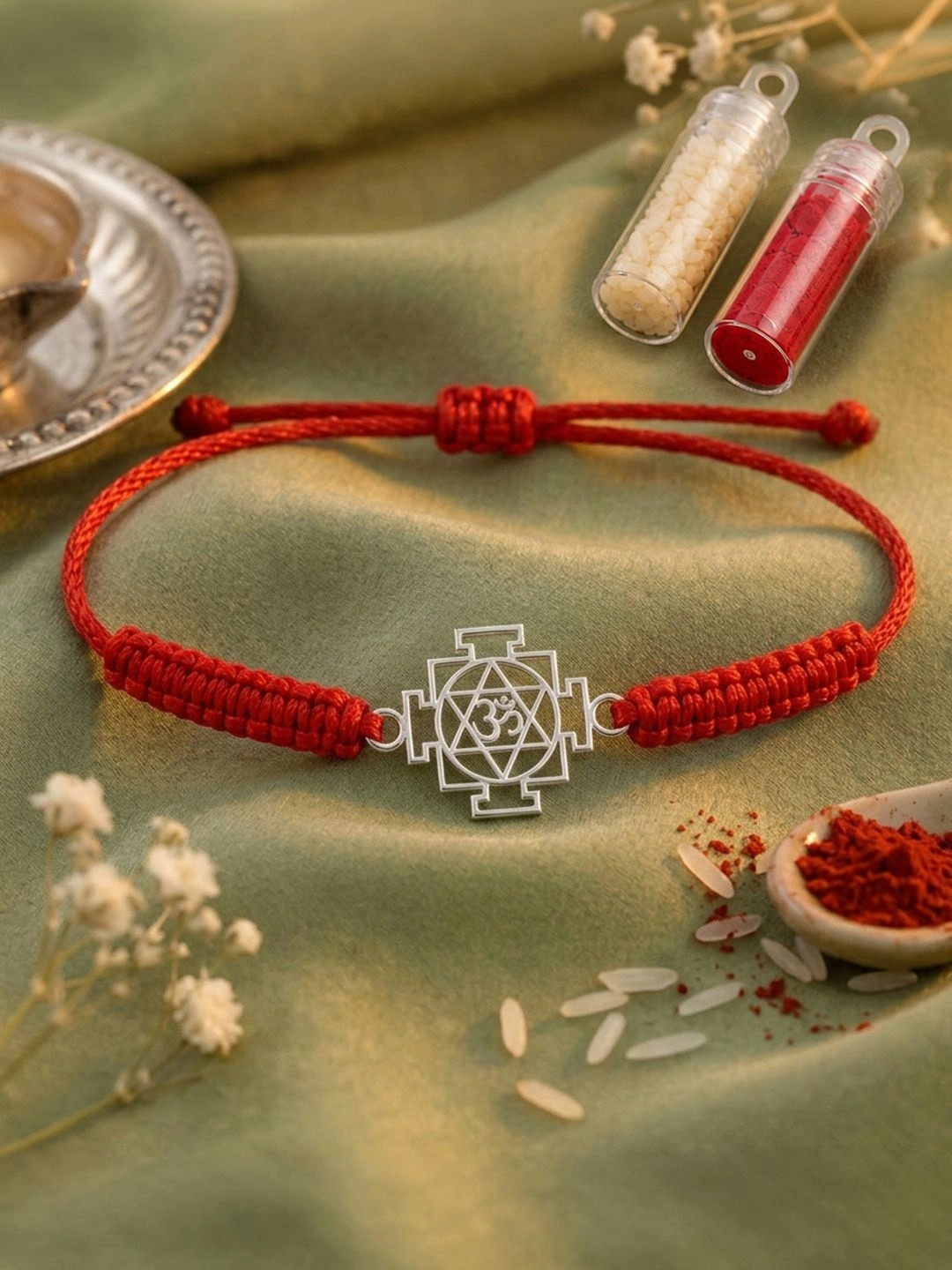 Unniyarcha 925 Pure Silver Om Yantra Rakhi with Roli Chawal Set