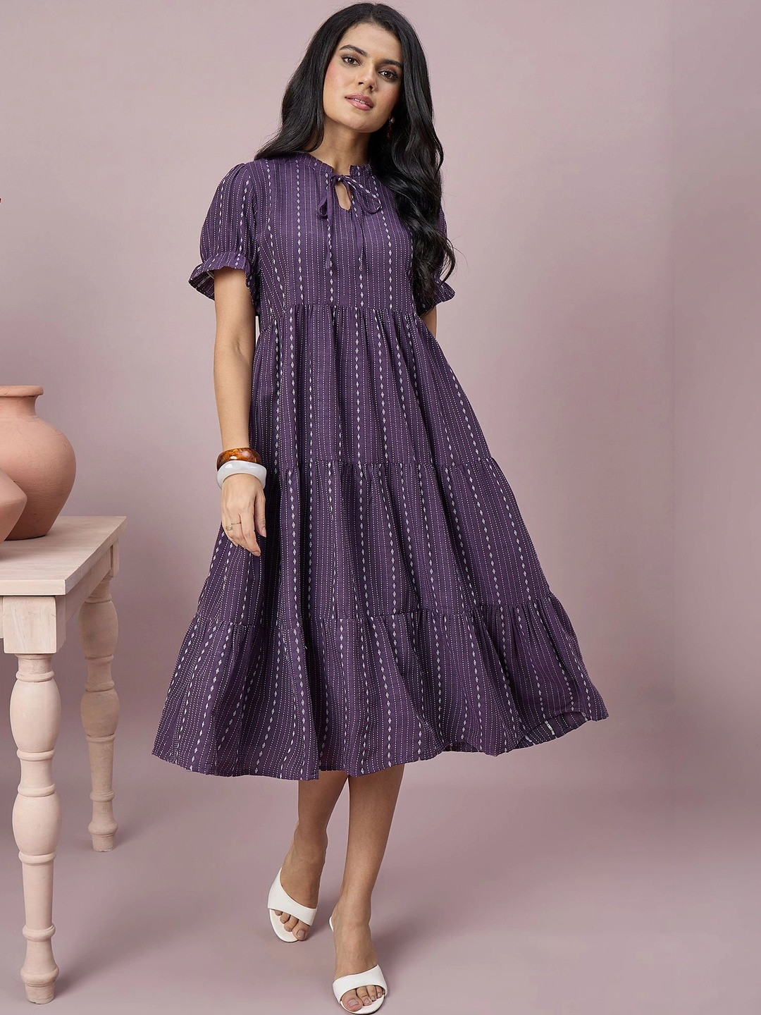 DRAPE AND DAZZLE Print Tie-Up Neck Puff Sleeve A-Line Dress