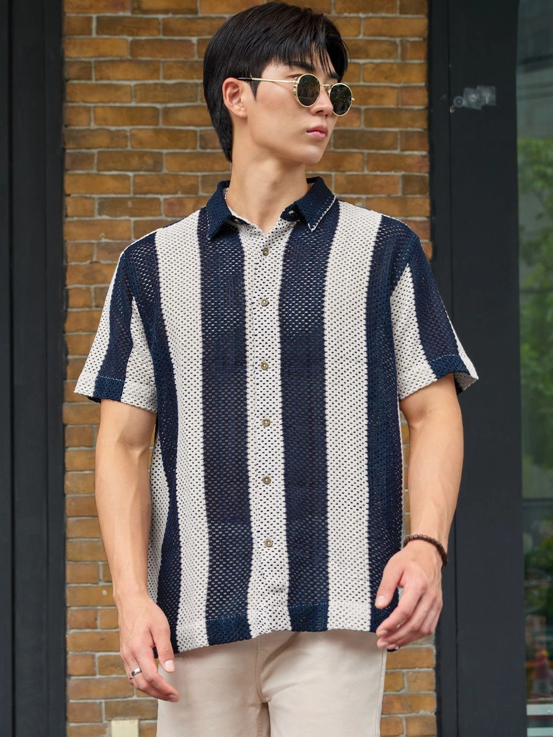 The Souled Store Men Regular Fit Striped Navy Blue Shirts