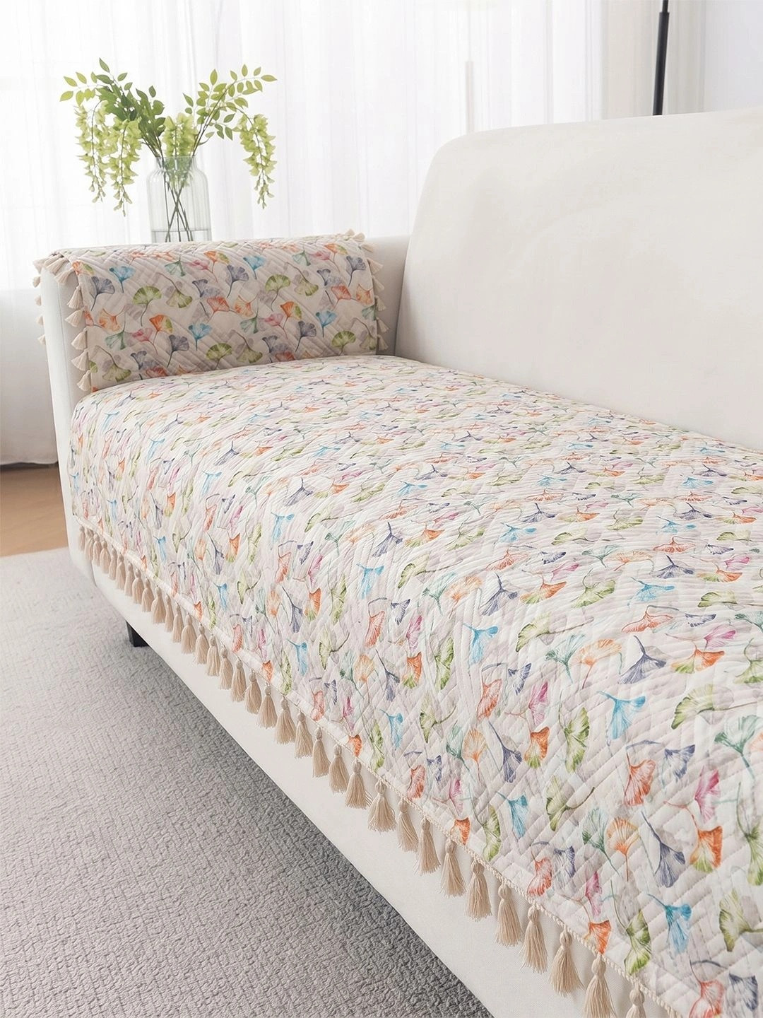 Story@home White & Cream-Coloured Printed 1 Piece Velvet Sofa Cover With Arms