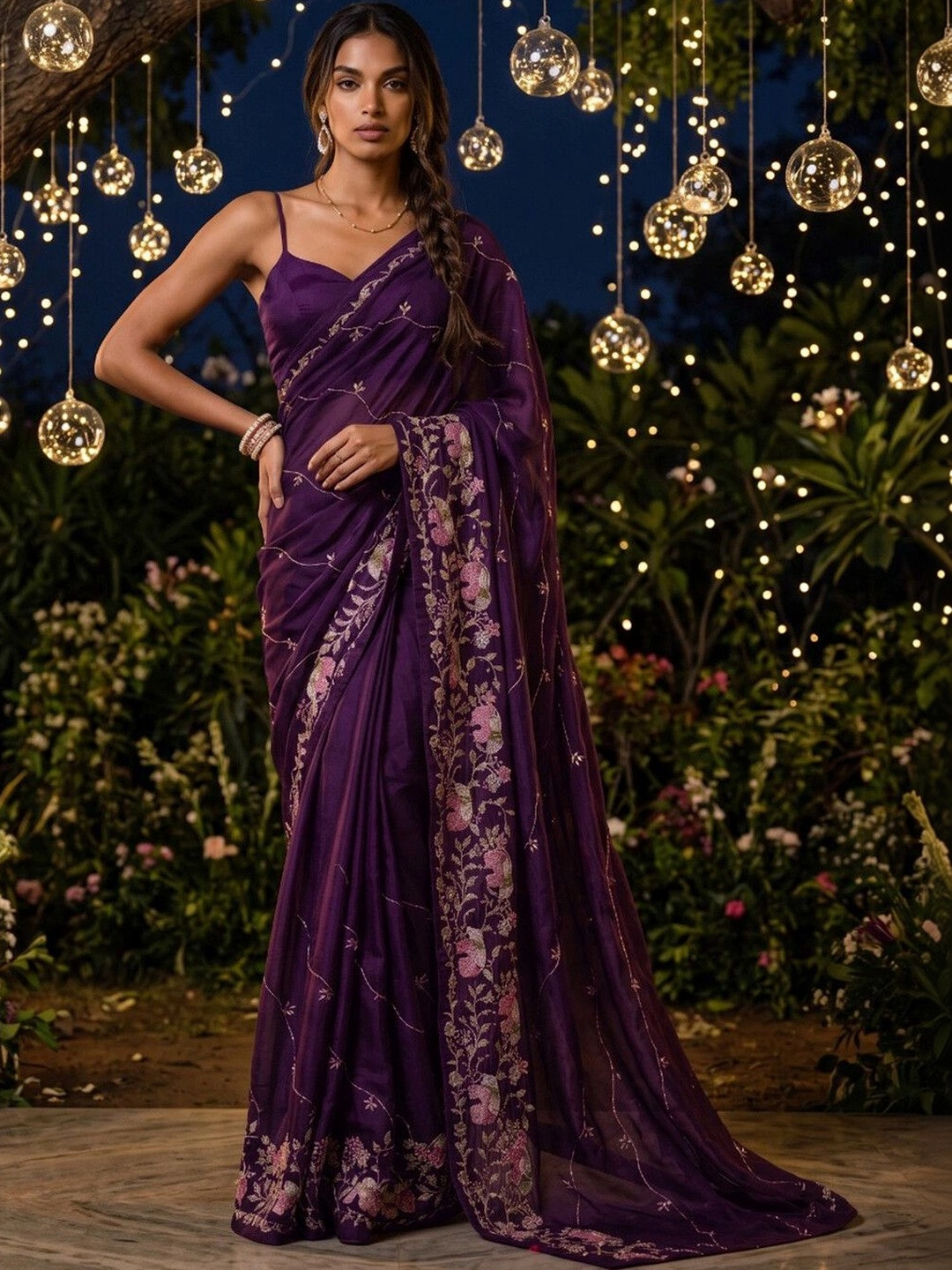SAARA Sequence Work Wine Georgette Ready to wear saree With Unstiched Blouse