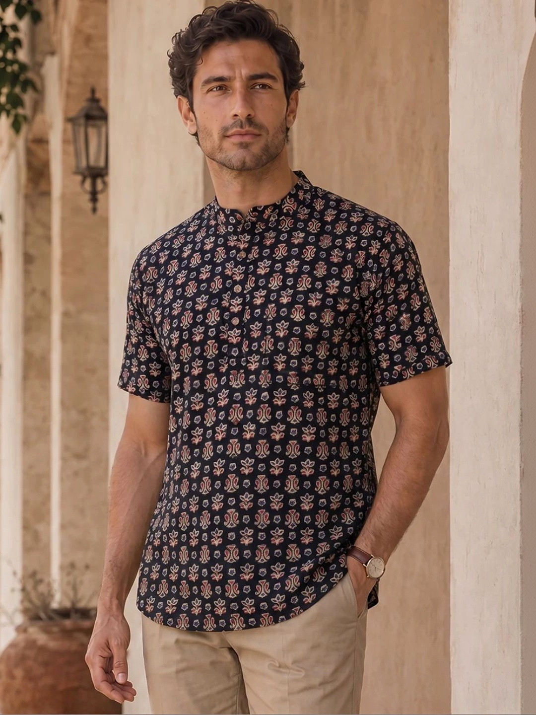Avishya Men Floral Printed Handloom Kurta