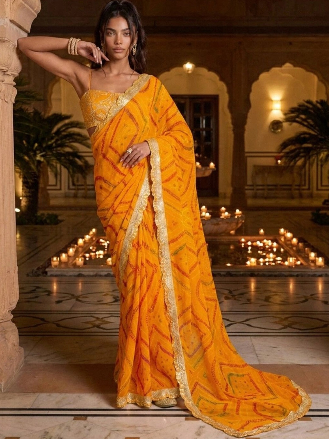SAARA Bandhani Sequinned Pure Georgette Saree