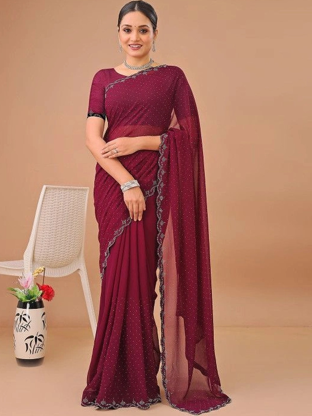 Leelavati Embellished Beads and Stones Pure Chiffon Saree