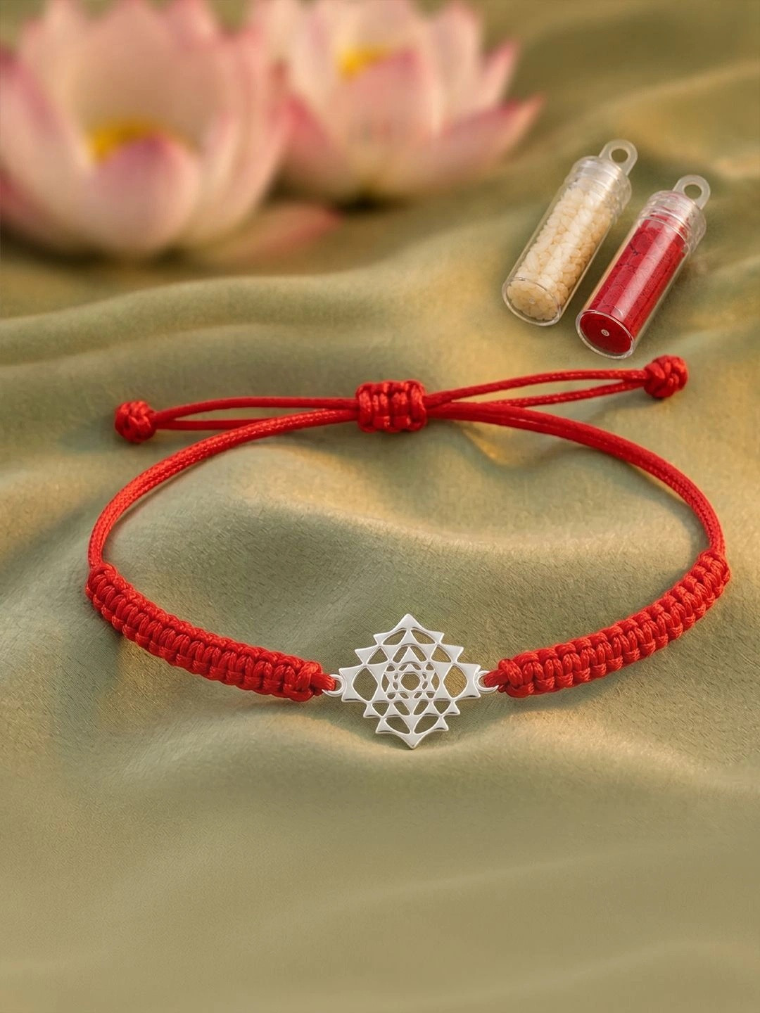 Unniyarcha 925 Pure Silver Laxmi Yantra Rakhi with Roli Chawal Set