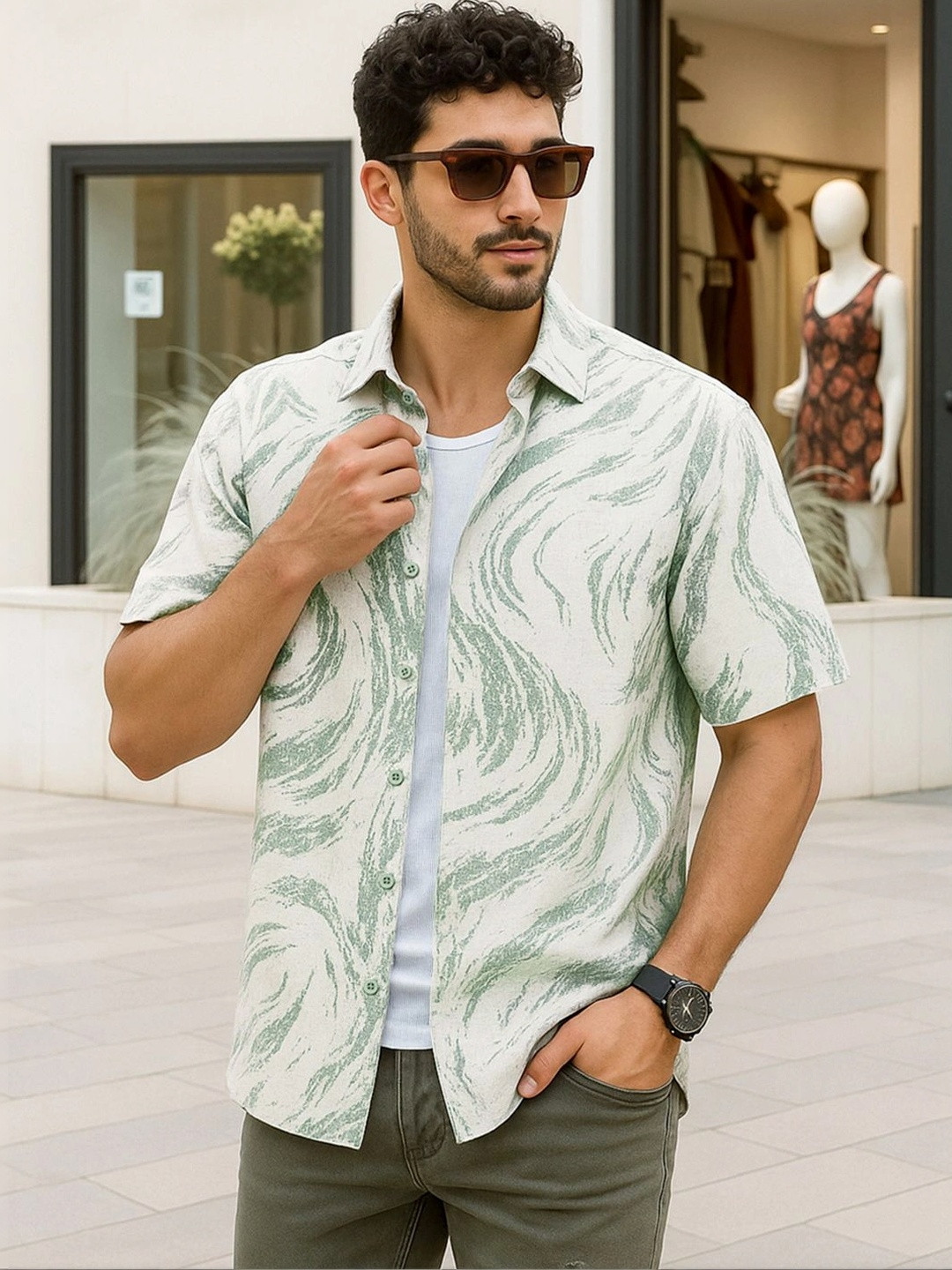 Bewakoof Men's Fern Green All Over Printed Oversized Shirt