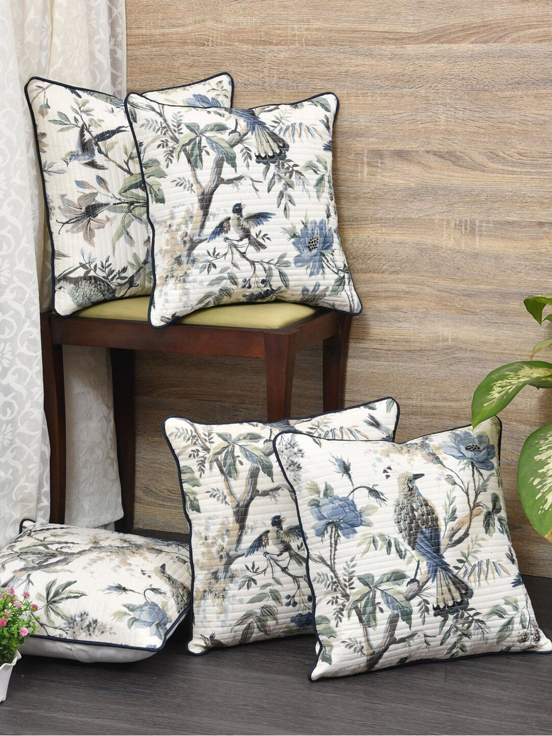 Clasiko Flowers Birds Floral Cotton 5 Pcs Square Cushion Covers - 18 x 18 In