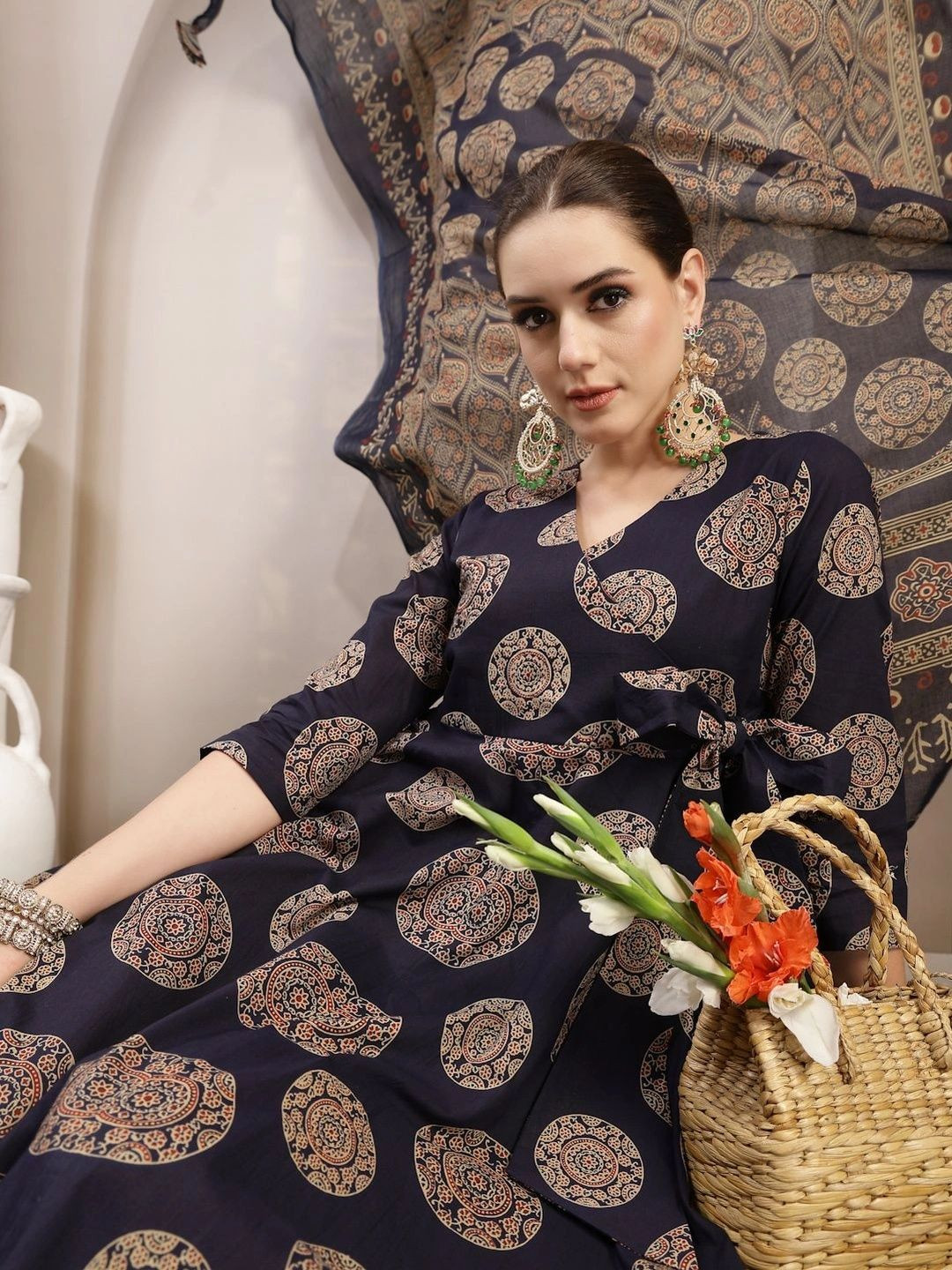 GULMOHAR JAIPUR Women Ethnic Motifs Printed Angrakha Pure Cotton Kurta with Palazzos & With Dupatta
