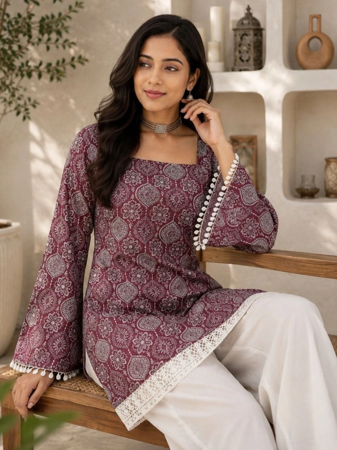 shivay Ethnic Motifs Printed Bell Sleeve Straight Kurti