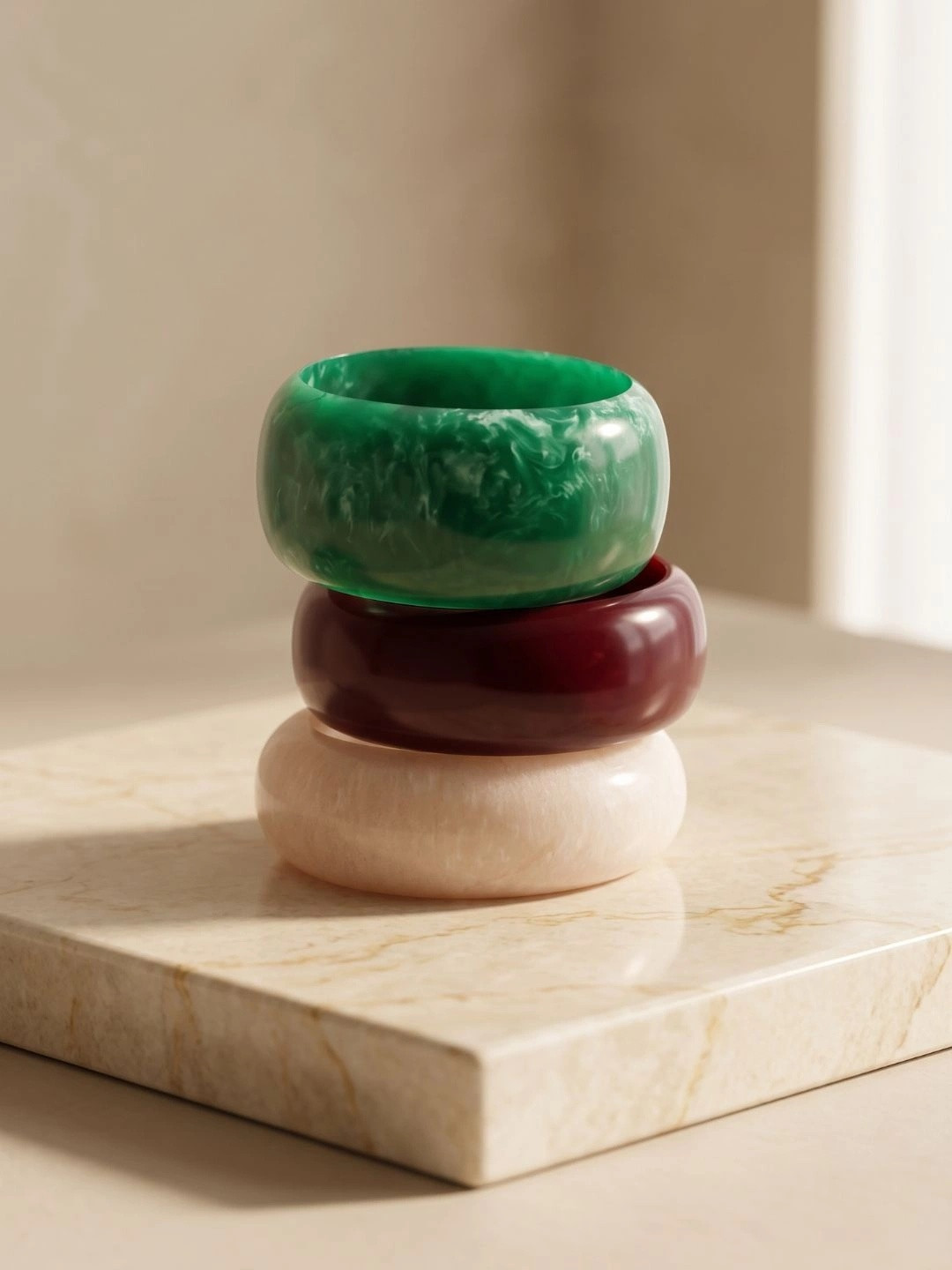 Sangria Pack Of 3 Marbled Swirl & Solid Resin Glossy Bangle Set