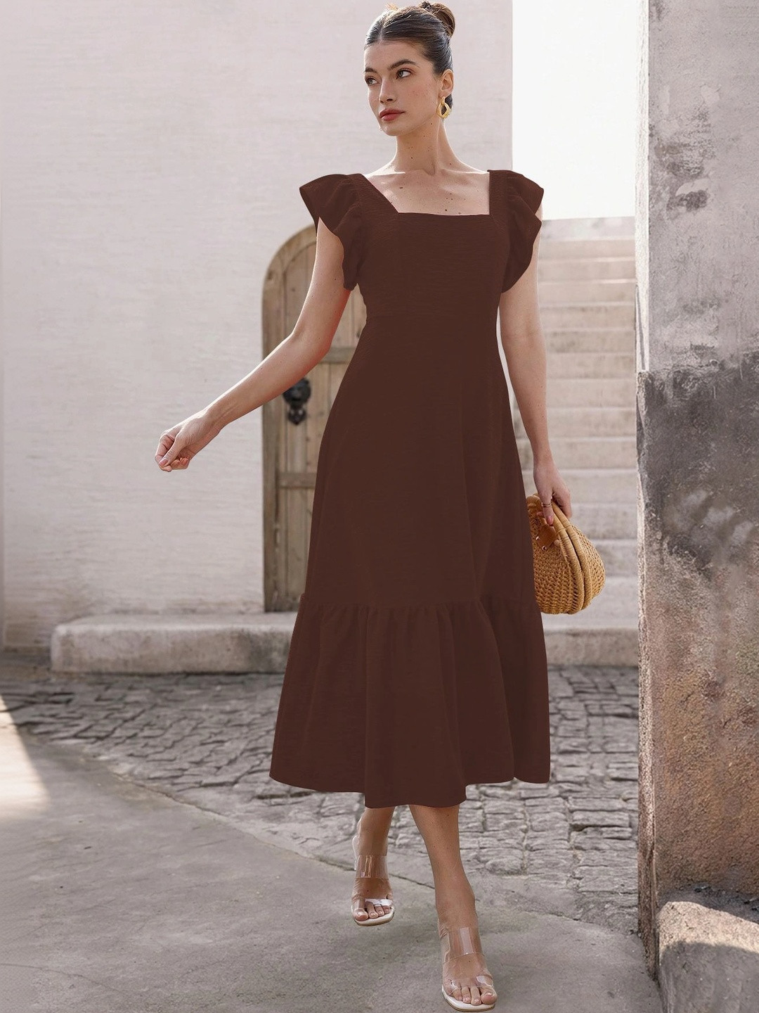 Sugathari Flutter Sleeve Ruffled A-Line Midi Dress