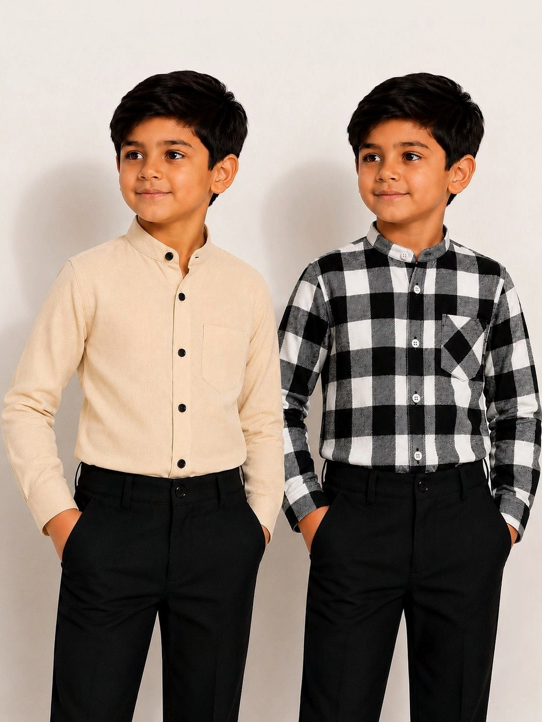 LABHKALA Boys Pack of 2 Buffalo Checks Checked Band Collar Casual Shirts