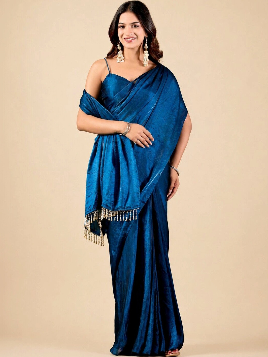 house of kk Beads and Stones Satin Pre Drapped Saree for Women