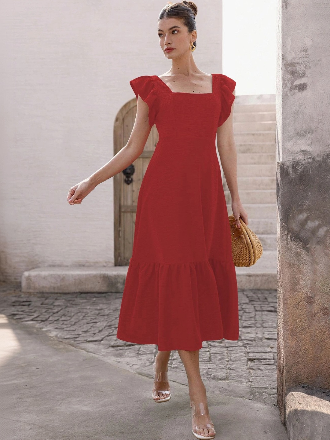 Sugathari Flutter Sleeve Ruffled A-Line Midi Dress