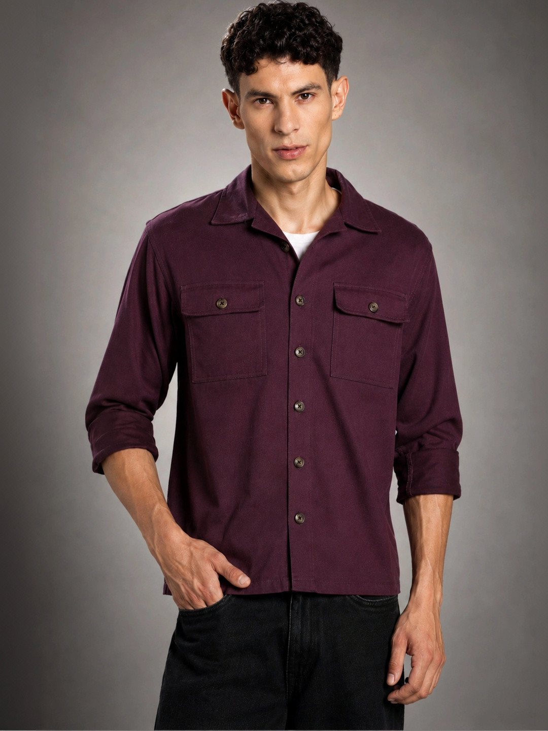 Burgundy Solid Relaxed Fit Casual Shirt