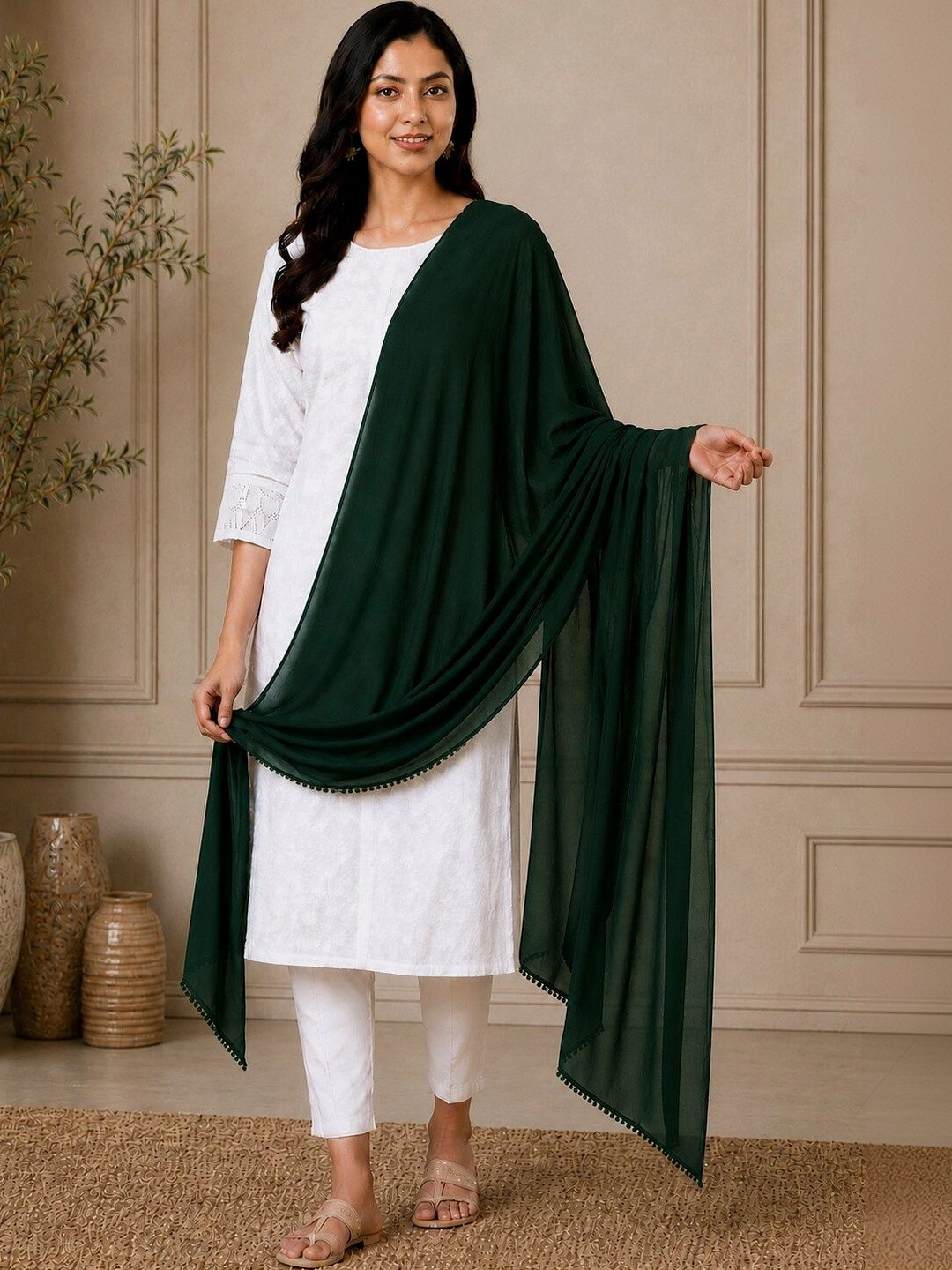 Ground Fashion Women Solid Cotton Dupatta With Lace Border