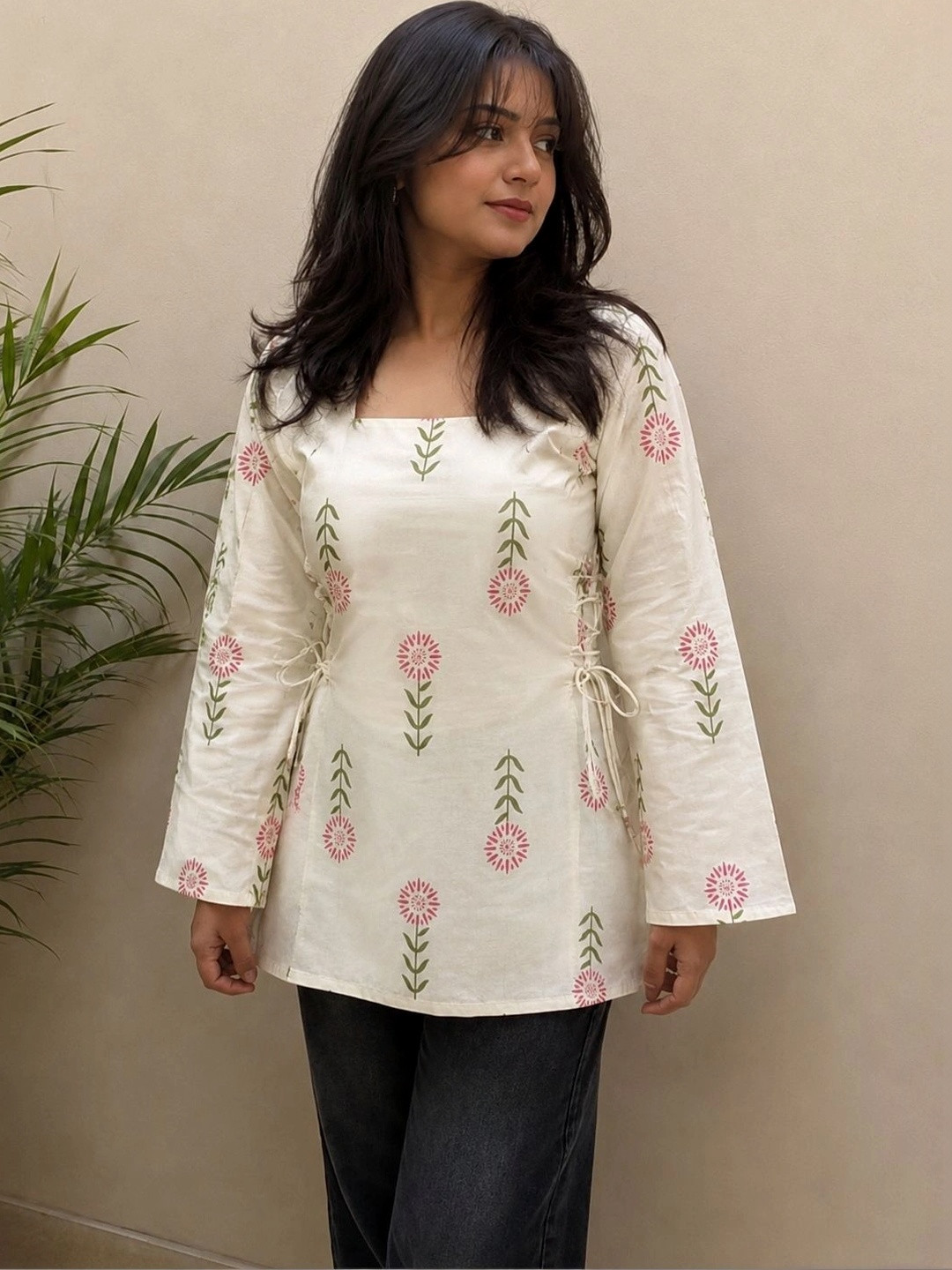 SATITHA Floral Printed Square Neck Pure Cotton Handloom Angrakha Kurti