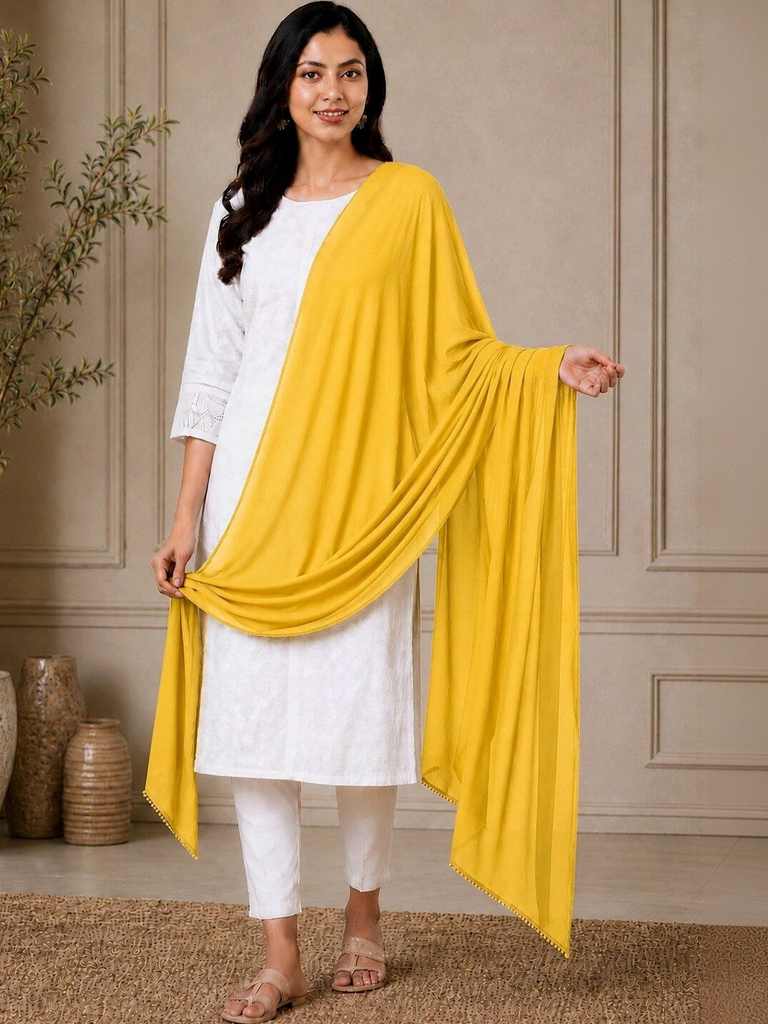 Ground Fashion Women Solid Dupatta with Lace Border