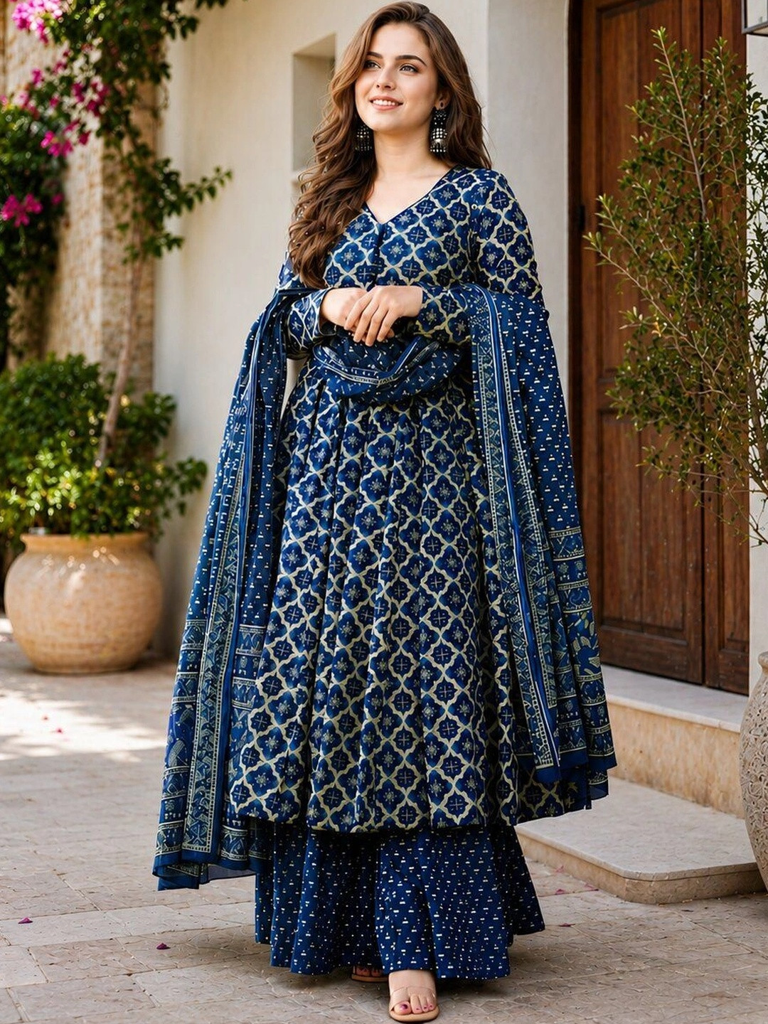 Mogra Designs Women Ethnic Motifs Printed Empire Kurta with Palazzos & With Dupatta