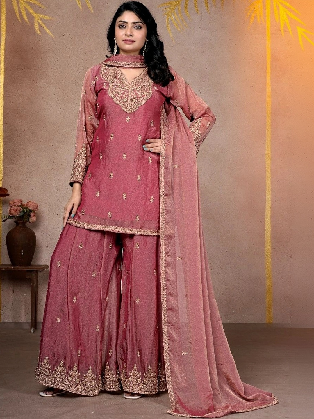 KUKUME Women Ethnic Motifs Embroidered Regular Kurta with Sharara & With Dupatta