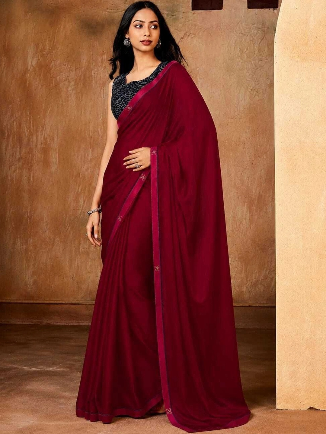 Sedora Couture Red Georgette Solid Printed Saree With Unstitched Blouse