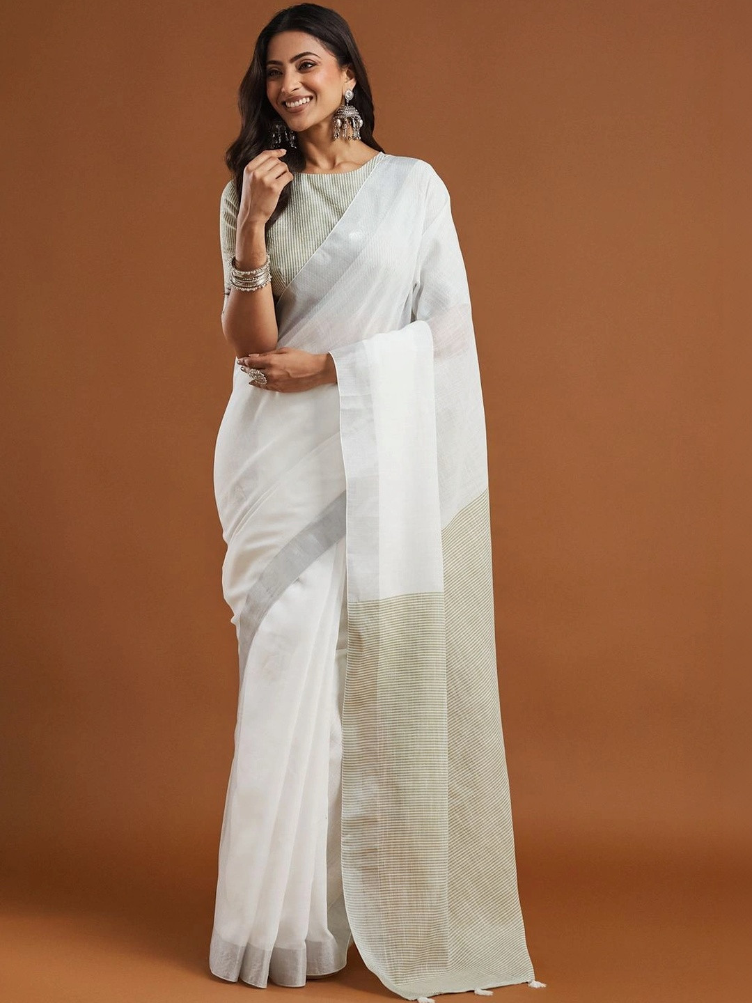 kasee Women Olive Green Lilen Blend Striped Pallu Sarees