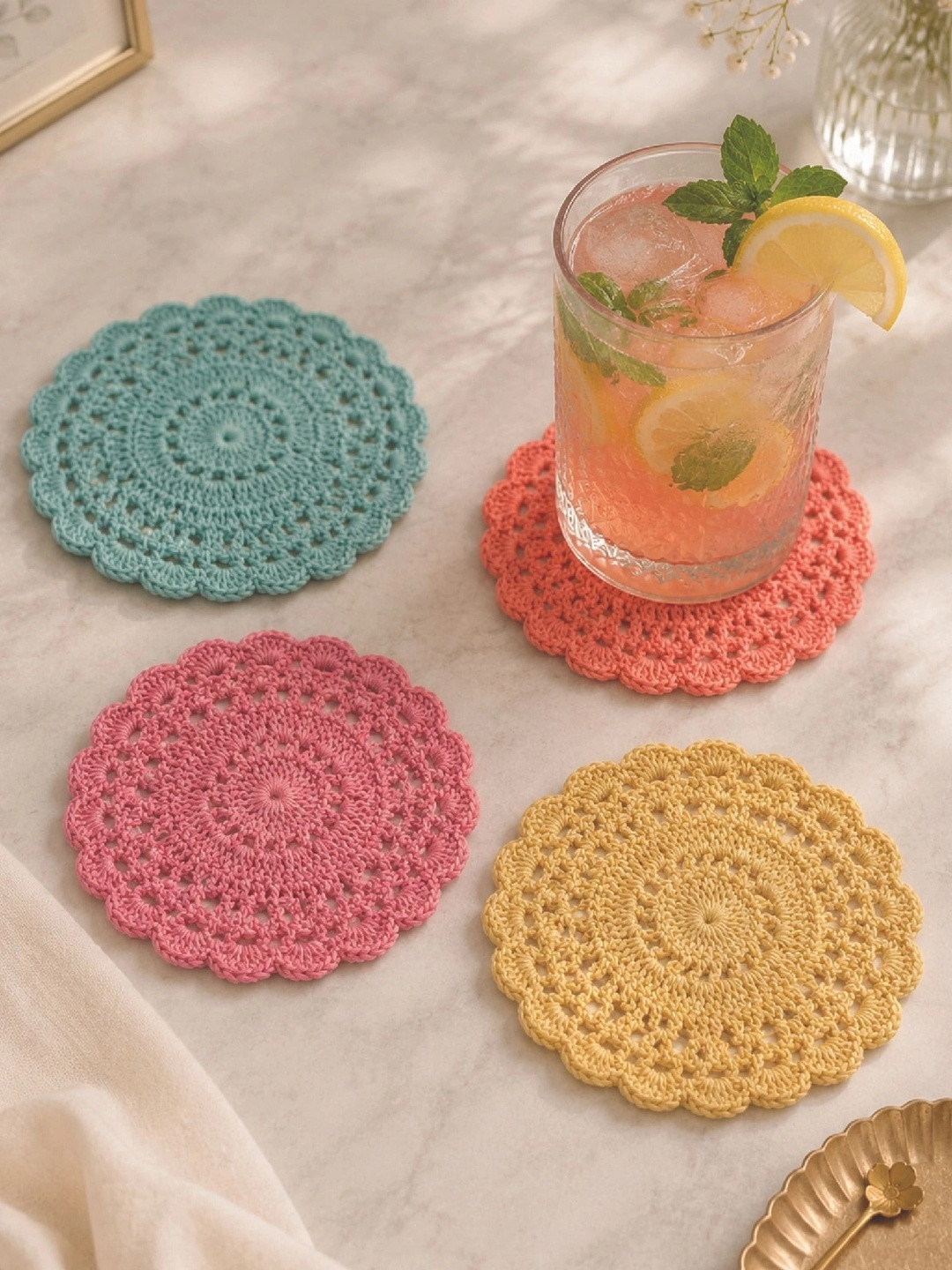 MAATIR DESIGNS Pink & Green 4 Pieces Crocheted Cotton Yarn Coasters
