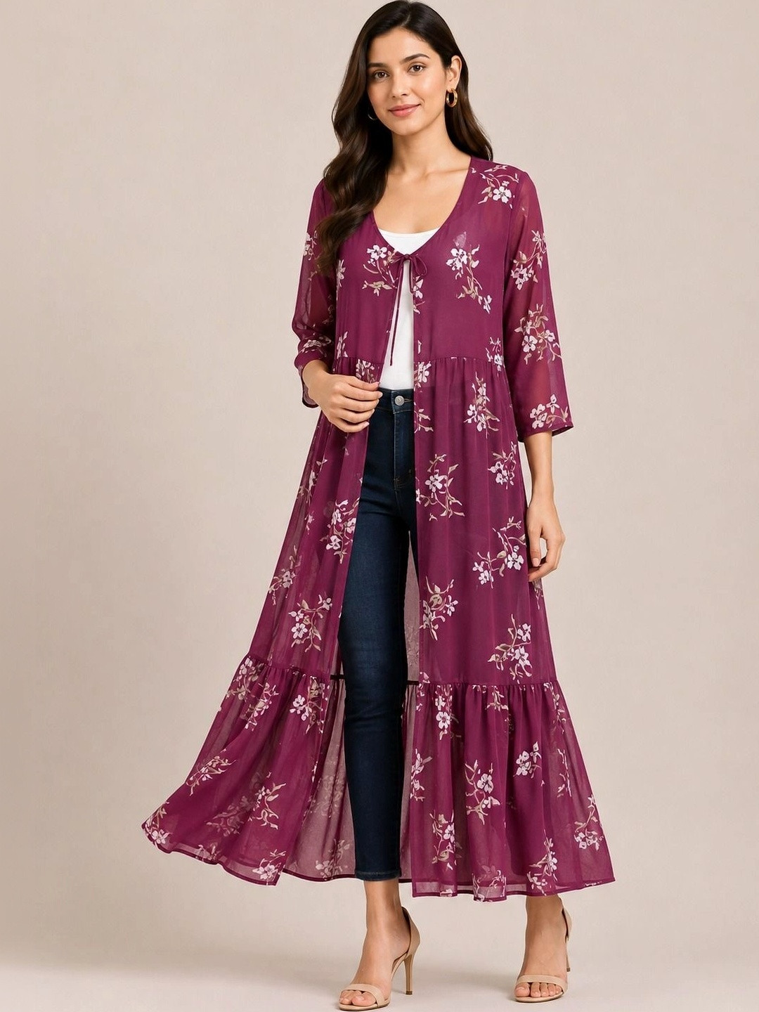 ROSEMELON Women Printed Longline Tie-Up Shrug