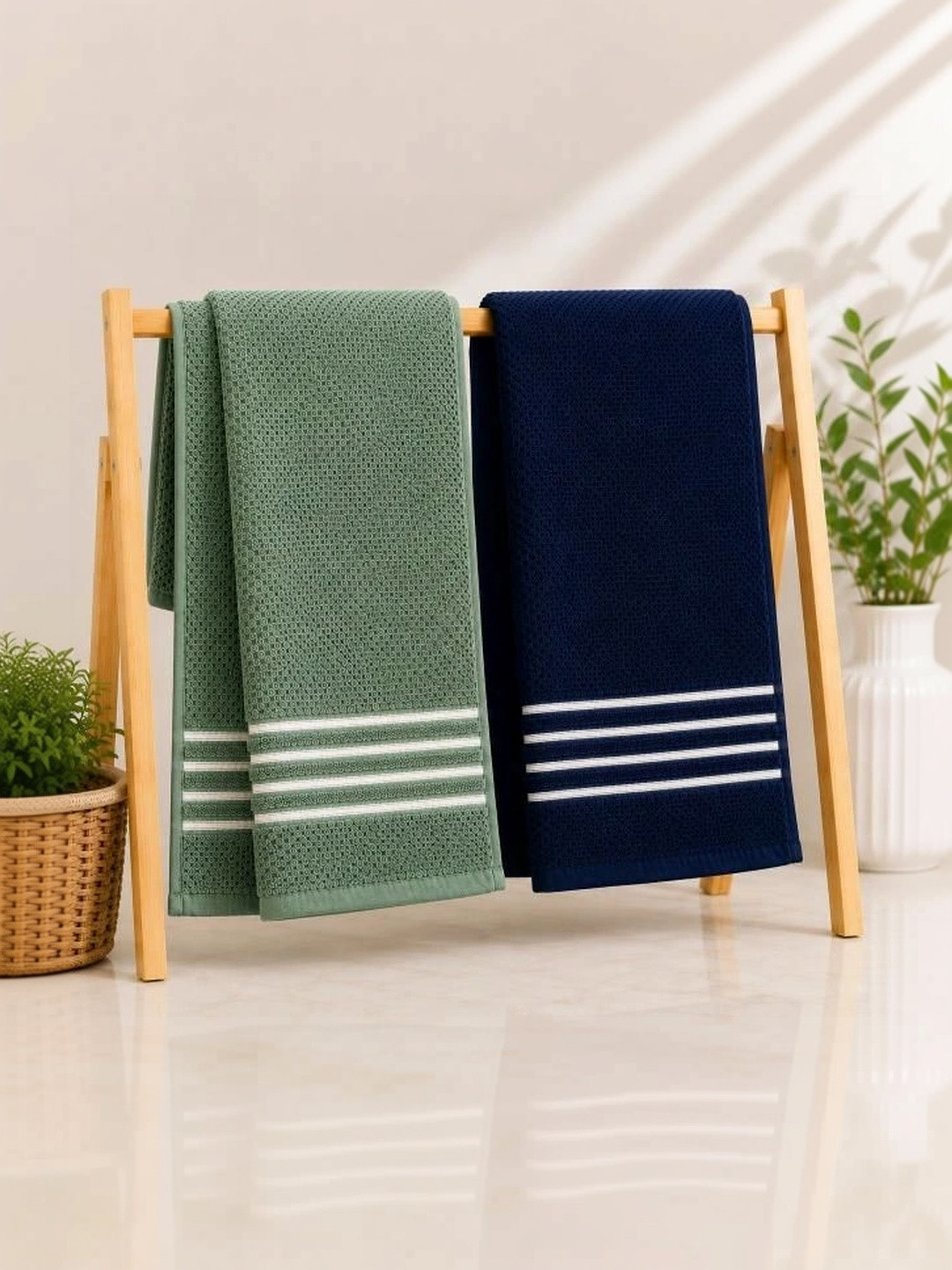 DEMARK Green & Navy Blue 1 Striped Terry Cotton 480 GSM Bath Towel