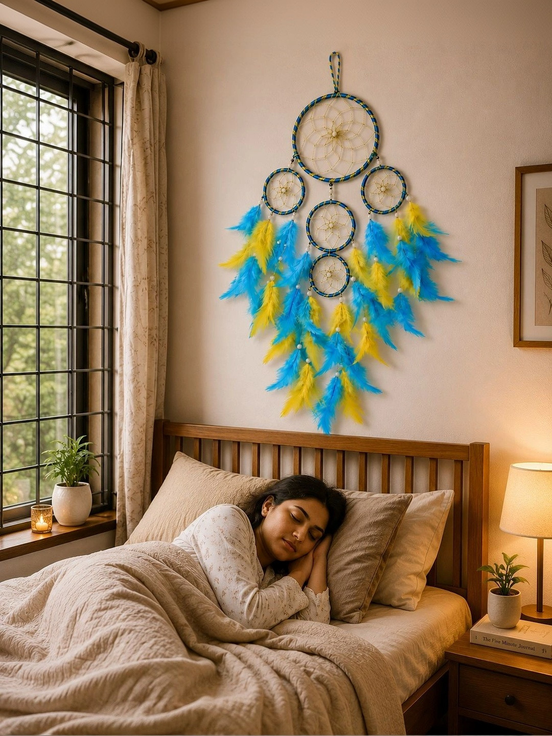 MEHRUNA Yellow & Firozi Handmade Dream Catcher Wall Hanging