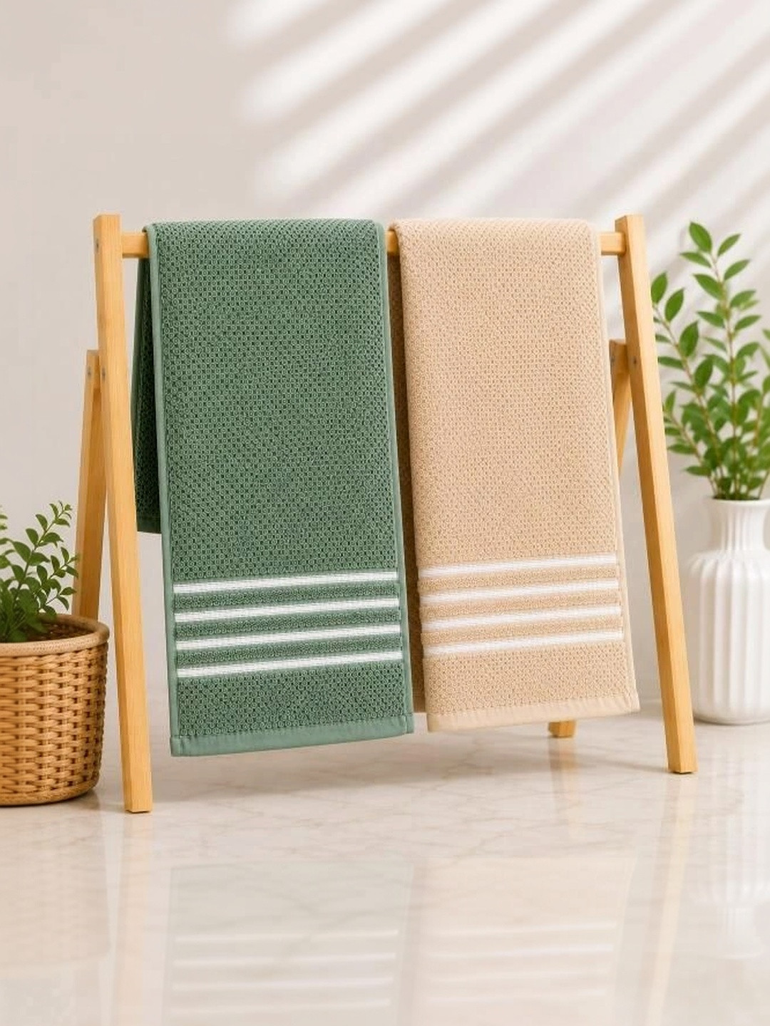DEMARK Green & Beige 1 Striped Terry Cotton 480 GSM Bath Towel