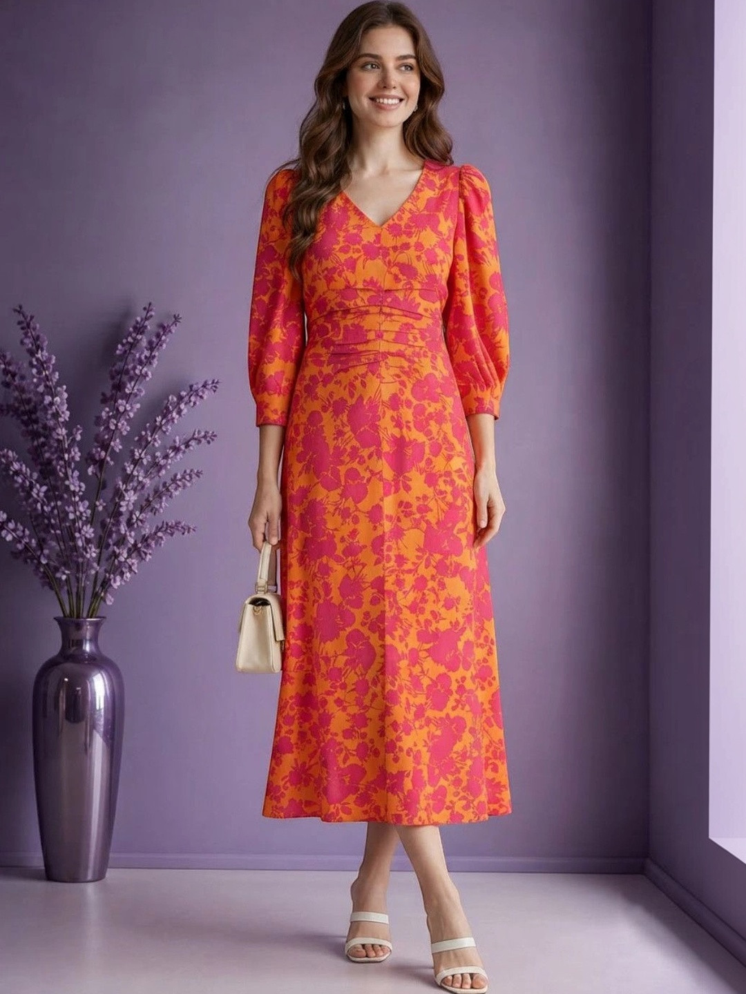 Oxolloxo Orange Floral Printed Satin Midi Dress