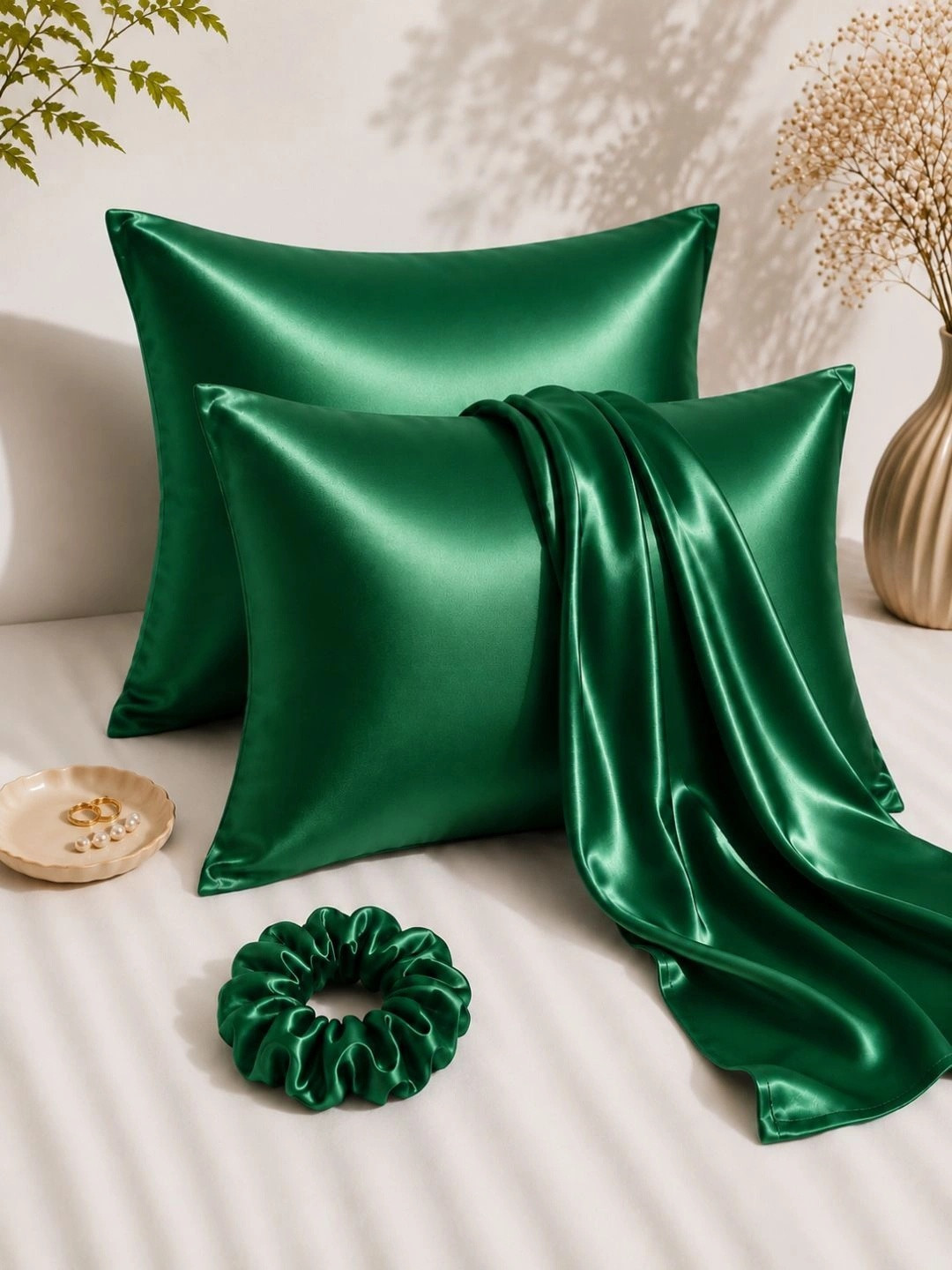 Myntra Elegant Homes Green 2 Pieces Solid Pure Silk Blend Rectangle Pillow Covers