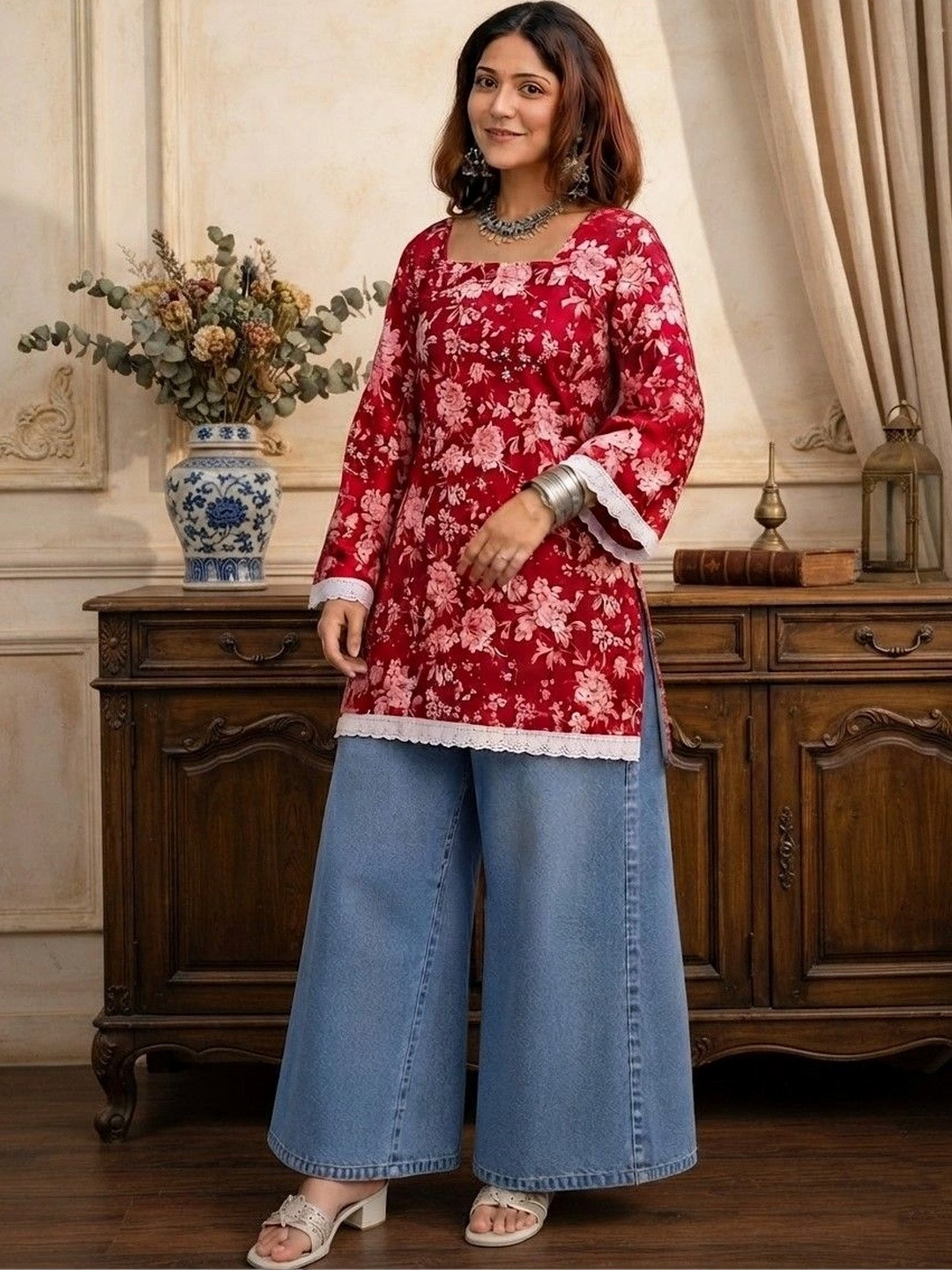 Sangria Floral Printed Square Neck Flared Sleeves Pure Cotton Kurti