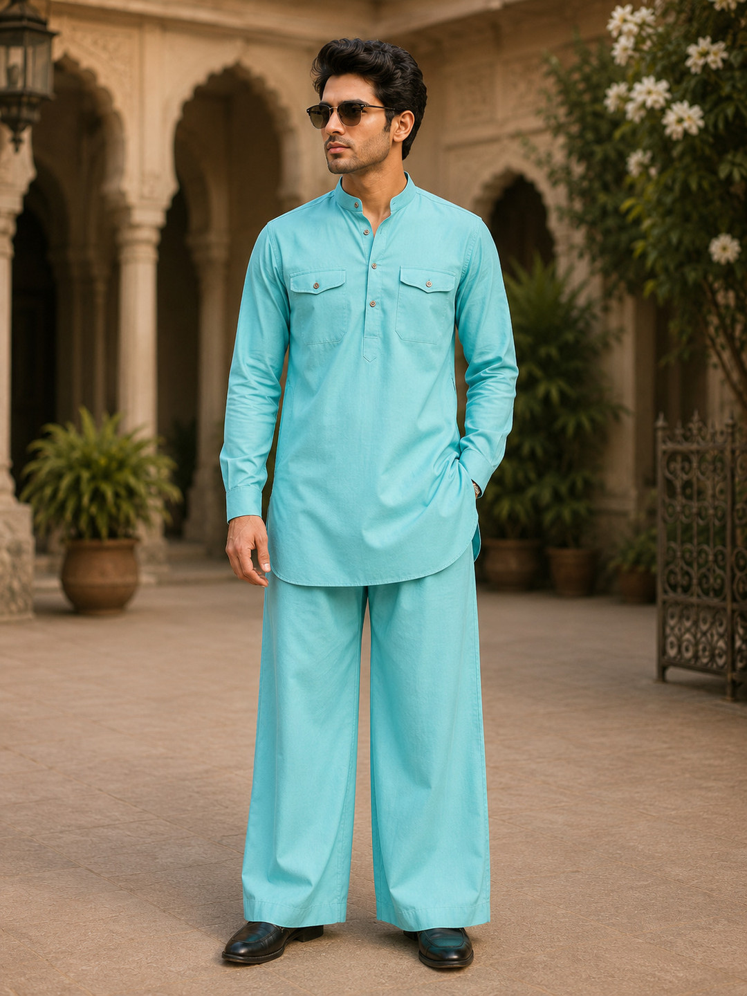 See Designs Men Turquoise Blue Solid Pathani Kurta with Pyjamas