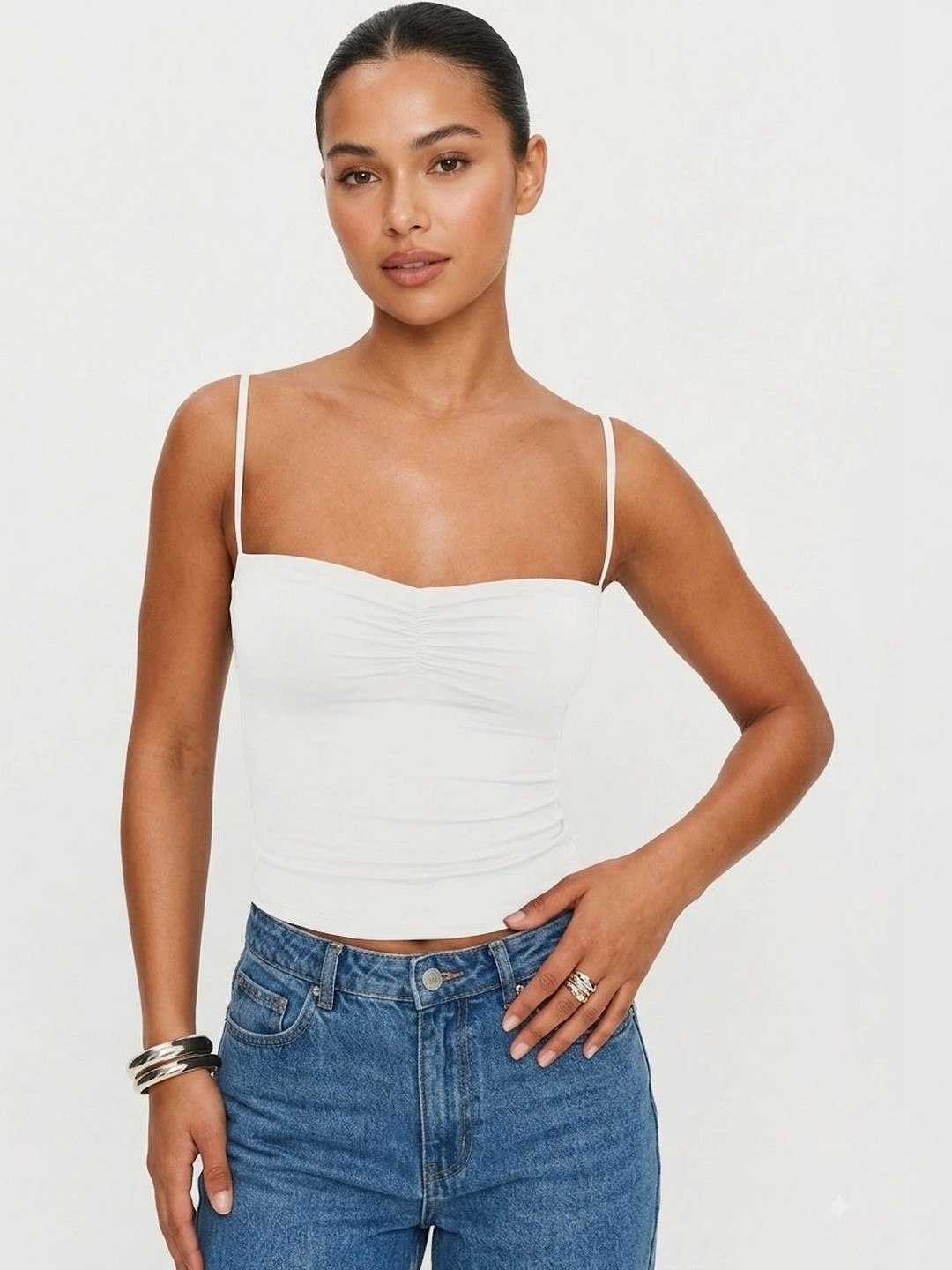 Lavaya Women Sweetheart Neck Solid Crop Fitted Tops