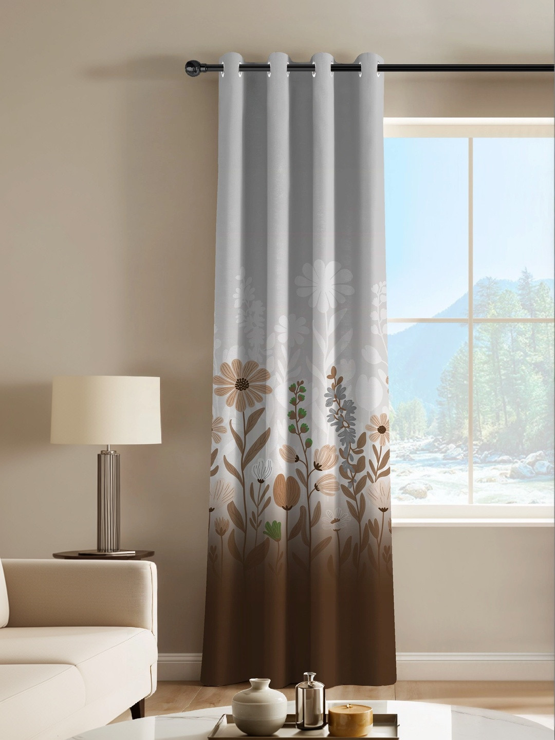 CASABLEU Brown Geometric Room Darkening Long Door Curtain