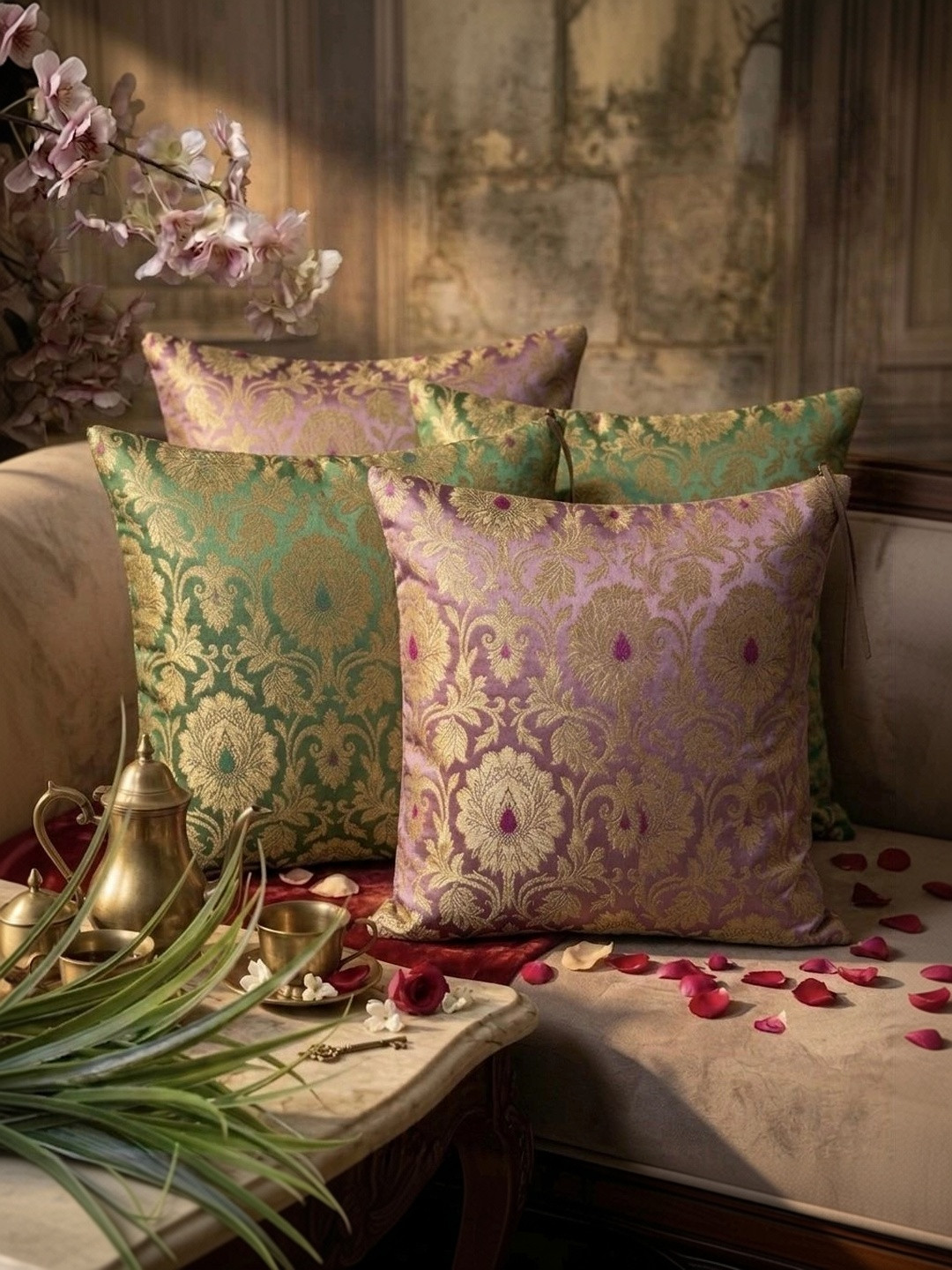 RoyalDeco Lavender & Green 4 Pieces Ethnic Motifs Square Cushion Covers