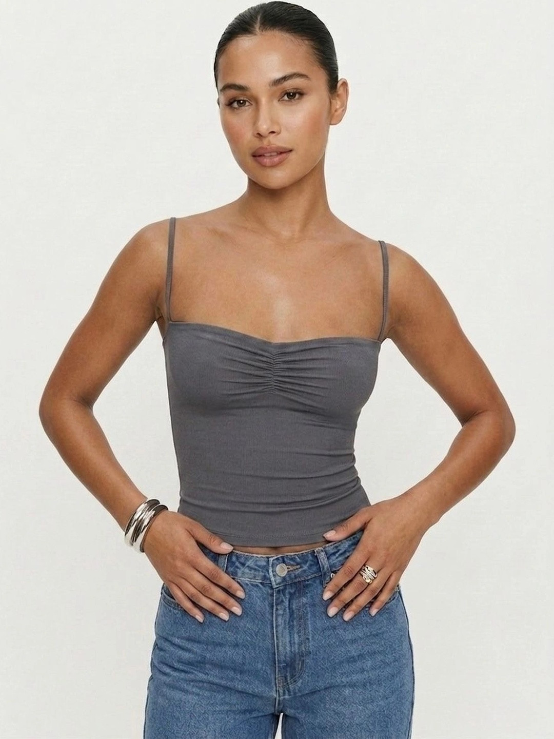 Lavaya Women Ruched Crop Cami Fitted Top