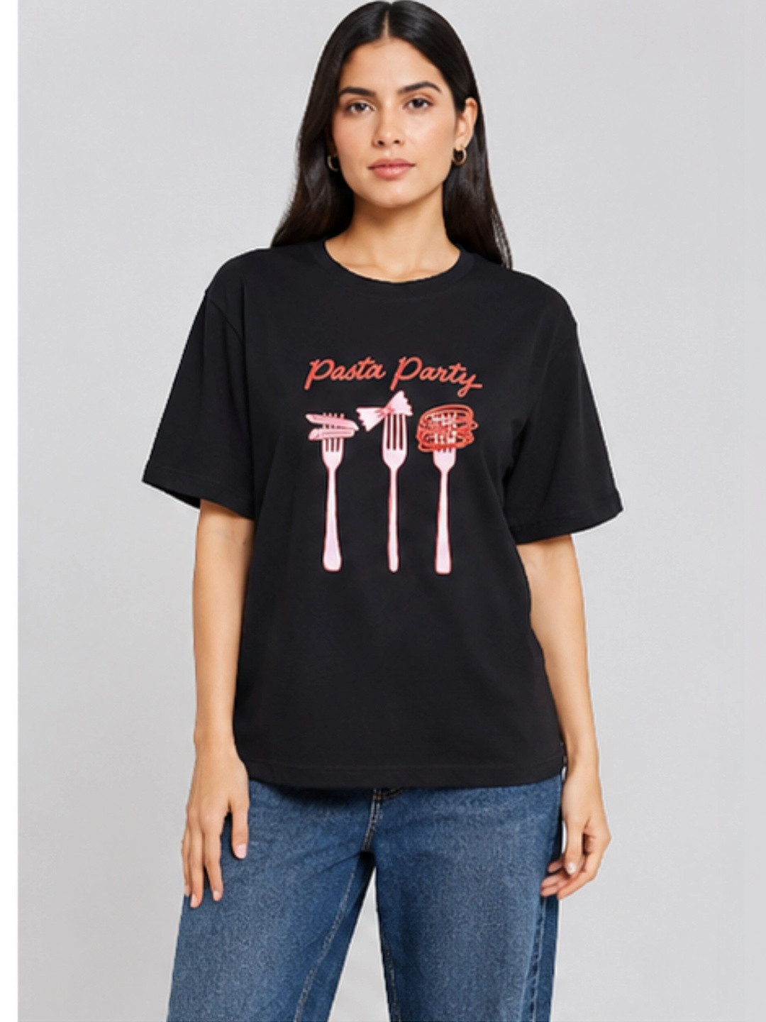 SUGNAA Women Typography Printed Round Neck Cotton Oversized T-shirt